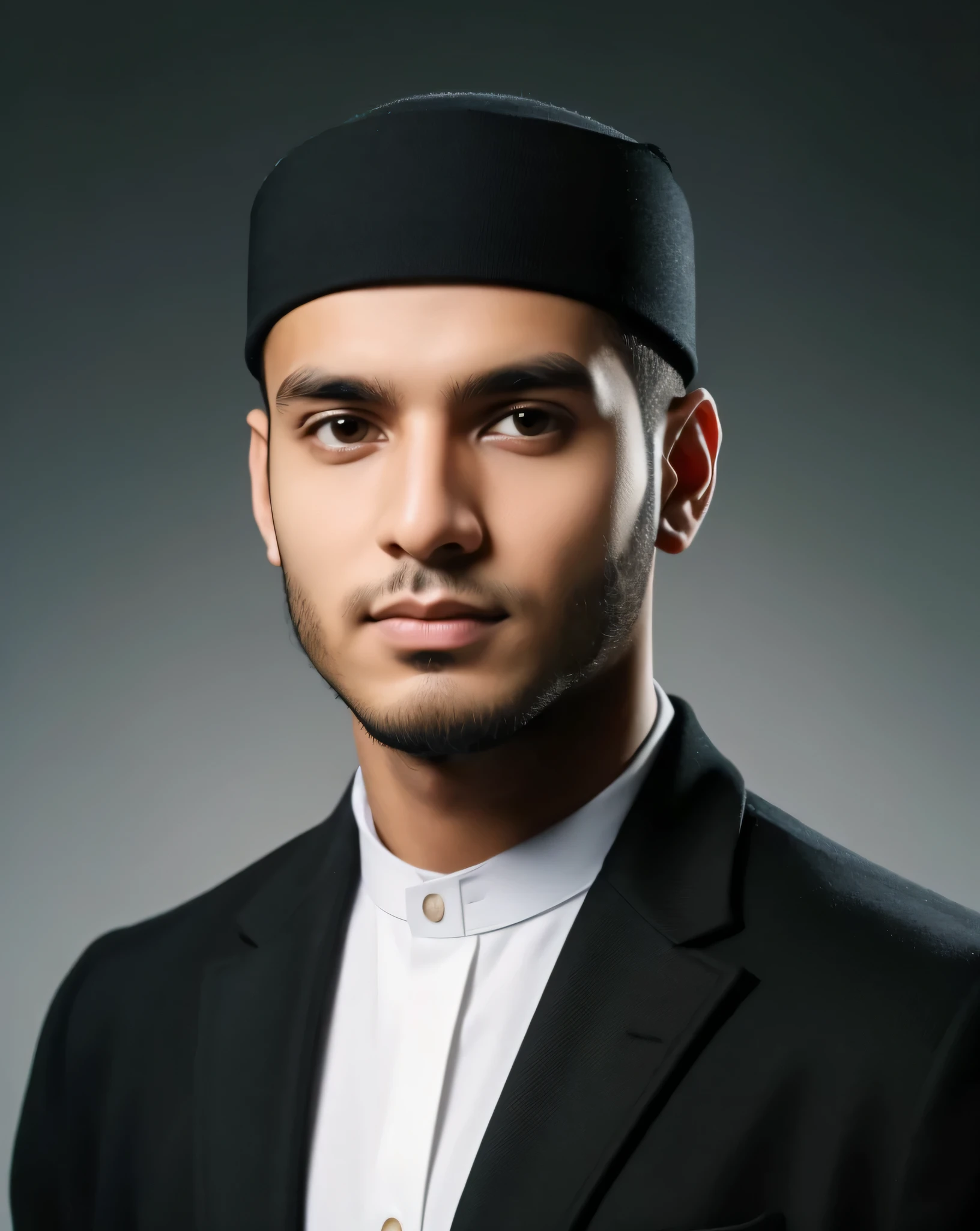 half body portrait of a Muslim man without a mustache and beard with a black skull cap wearing a black blazer and white shirt