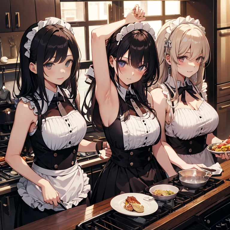 A group of maids, (in kitchen), various hair styles, harem, wearing maid clothes, night, details face, short skirt, seducing, sleeveless, armpits