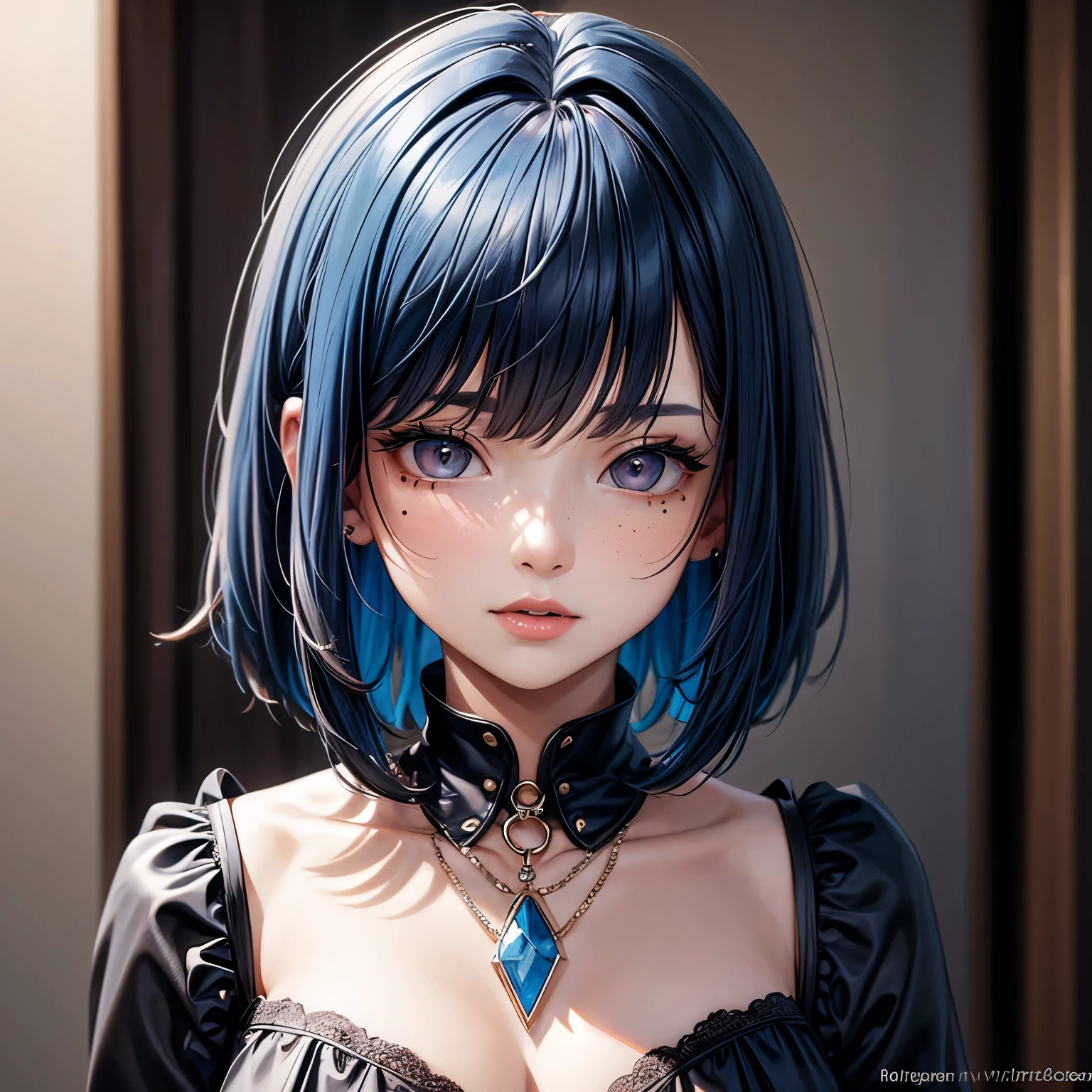 masterpiece, best quality,3D rendering work ,3dMM style,close up,portrait, 3d,1 girl, alone, colorful hair, blue hair, black hair, necklace, freckle, jewelry, bicolor hair, look to the side, actual, Upper body, Simple background, Bangs, look away, short hair, parted lips, black eyes, lips, Gothic, collar, cosmetic, mole, black shirt, shirt, watermark