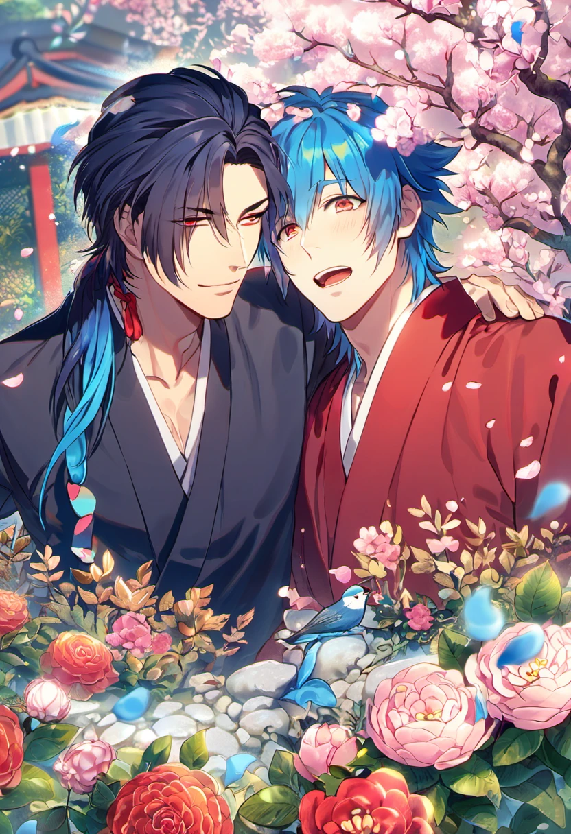 absurdres, highres, ultra detailed, HDR, masterpiece, Koujaku, dark navy hair that is short and a little chopped at the top, expressive red eyes, Dramatical Murder, Seragaki Aoba, blue hair, expressive golden eyes, 2men together, gay couple, handsome, red kimono, designed with decorations such as blue leaves, birds and blossoms, petals, garden