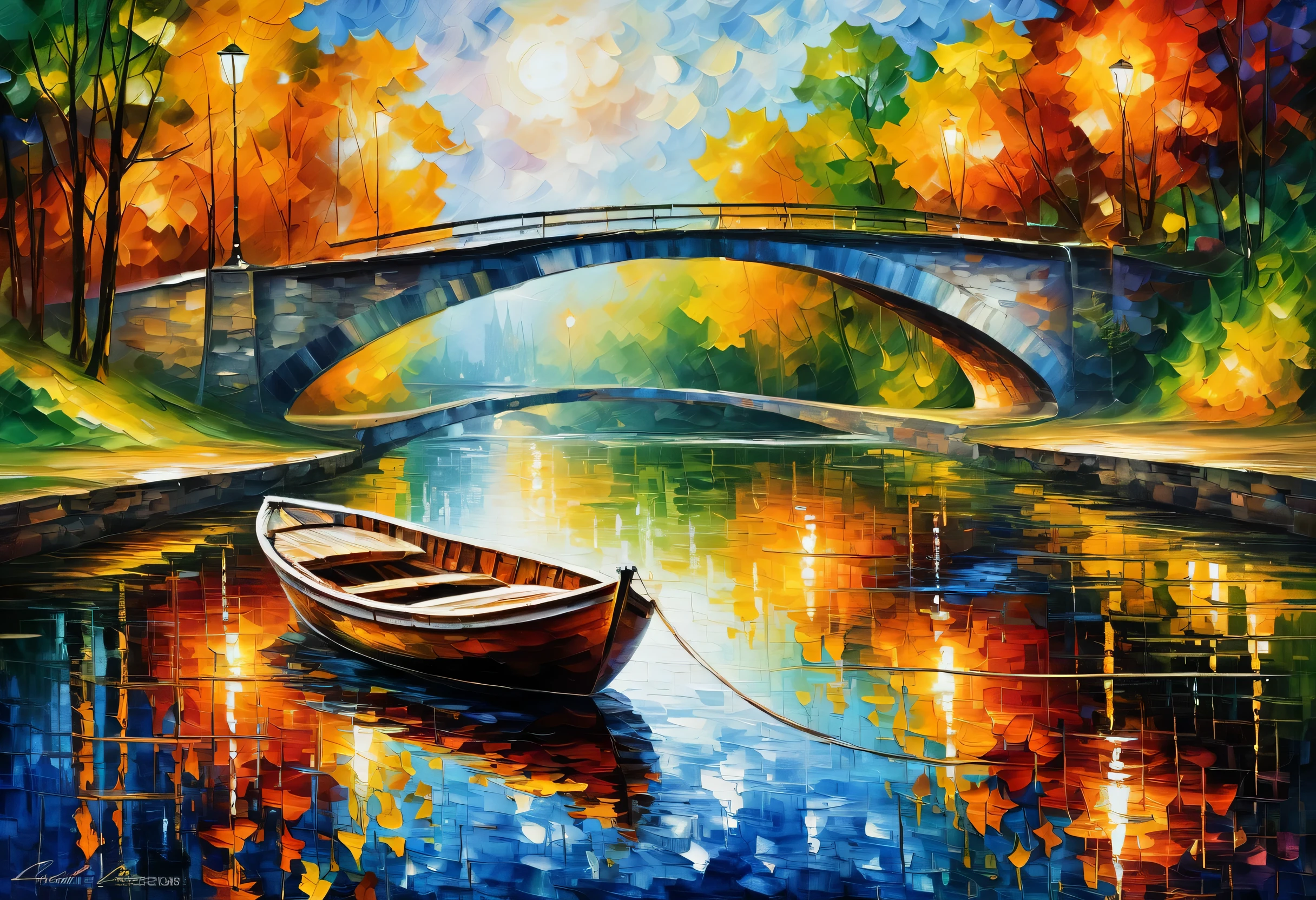 A picture of a boat floating on a river next to a bridge, Afremov leonid, style of leonid Afremov”, Afremov, Leonid Afremov, Hue in oil painting, Impressionist painting, Luminescent oil painting, Impressionist paintings, style of leonid Afremov, famous oil paintings