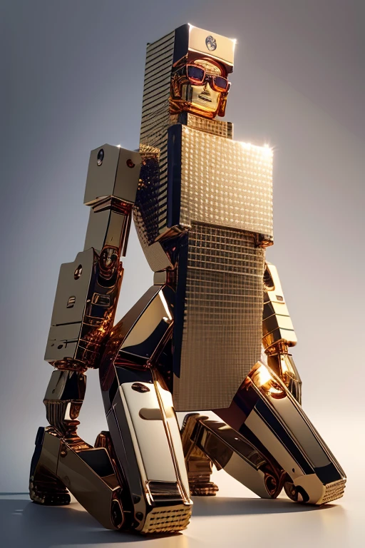 5 8K UHD、A mechanical beauty in a gold metallic body wearing glasses is kneeling、A golden metal robot with shiny skin