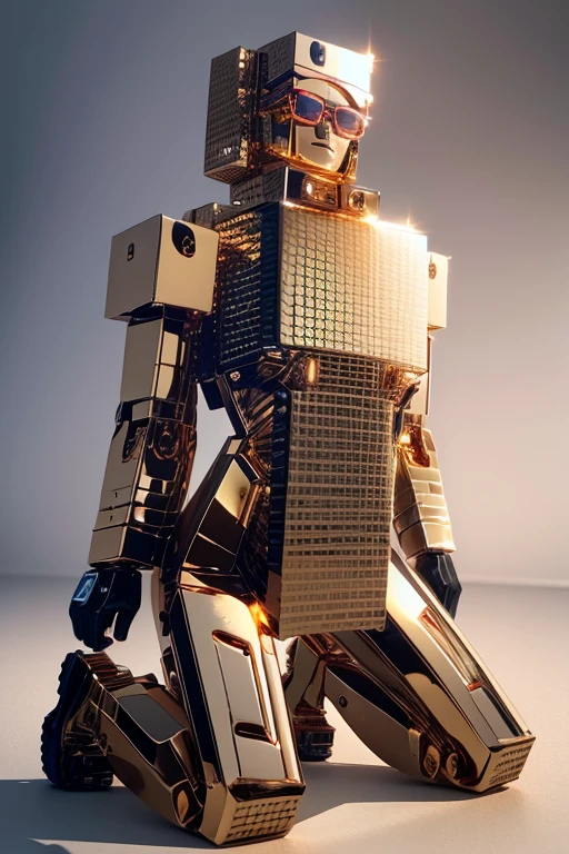 5 8K UHD、A mechanical beauty in a gold metallic body wearing glasses is kneeling、A golden metal robot with shiny skin