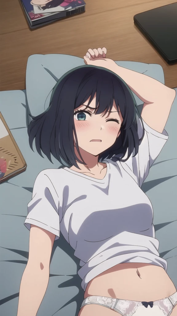 masterpiece, highest quality, , 1 girl, alone,Perfect beautiful light, looking at the viewer, Upper body, Depth of the bounds written, anime coloring book, , Kurokawa Akane, black hair,, Blu-ray,(( (One eye closed:1.5),)),((open your mouth)),Lying on your back on the floor, troubled expression,((open your mouth:1.5)),exposed chest,Fully open white shirt,exposed chest,Medium chest,((perfect nipples)),((lie in bed)),Perfect tummy,blush,Pale-white lace panties,Perfect slim thighs