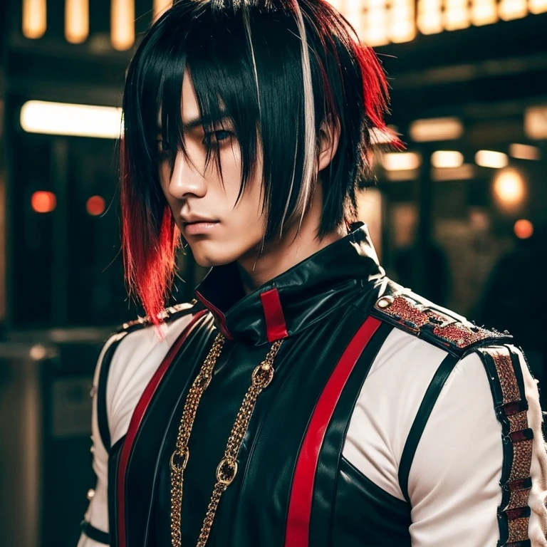 1 man, Japanese man, 30 years old, hairstyle Visual Kei, hair color blonde,  long hair, muscular, broad shoulders, ultra detailed face and eyes, Asian eyes, pretty face, realistic representation, outfit gothic-cyberpunk, black men's shirt and black pants