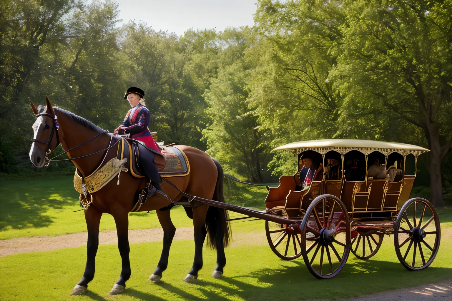 A scene straight out of a historical tale unfolds before you, as an old-fashioned carriage, adorned with intricate designs and vibrant colors, makes its way through a quaint and picturesque village. The driver, dressed in period clothing, sits atop the carriage, reins in hand, guiding the beautiful, meticulously detailed horse through the scenic landscape. The horse, its coat glistening in the soft lighting, wears a matching harness, embellished with intricate patterns and delicate details. The romantic atmosphere is further enhanced by the traditional art style, which permeates every aspect of the scene - from the vibrant colors that bring the carriage and its occupants to life,
