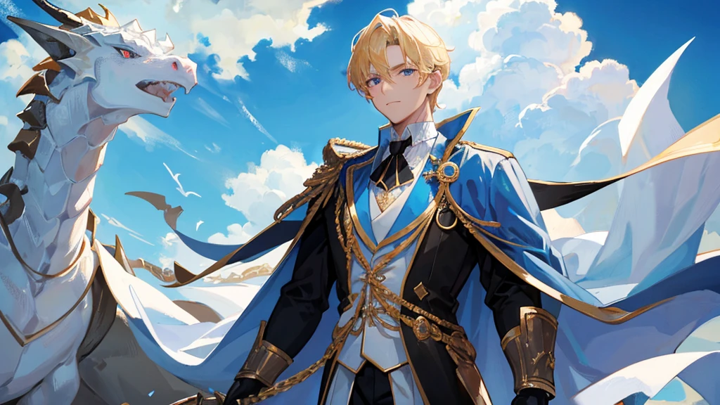 handsome boy, boy with blonde hair, blue eyes, white and black royal clothes, dragon behind him, 8k resolution, sky