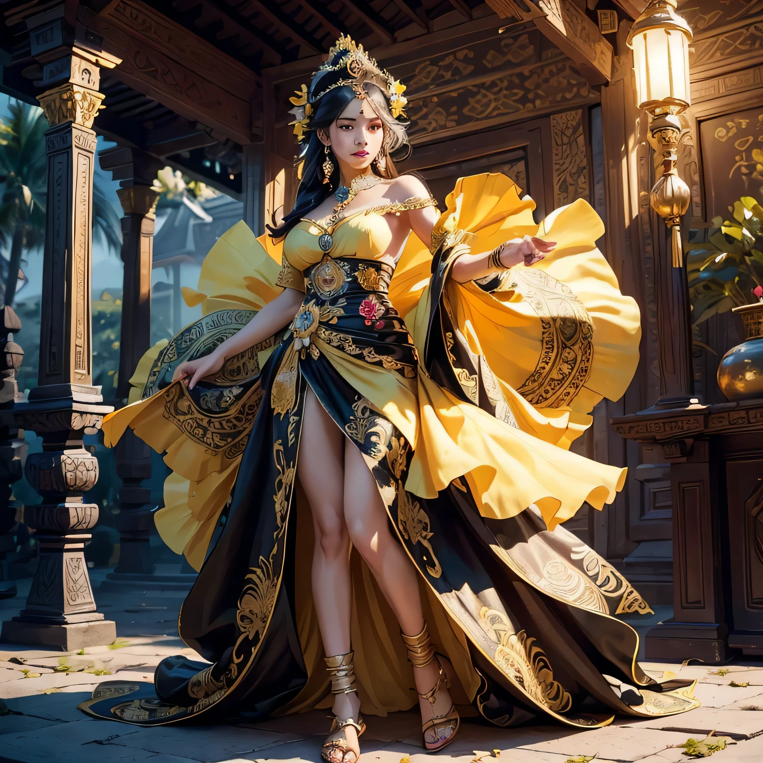 araffe woman with small breast in a yellow and black dress with a flower in her hair, traditional beauty, wearing an ornate outfit, wearing balinese ornate clothing, ornate , intricate outfit, beautiful oriental woman, beautiful balinese costume, traditional makeup, ornate attire, bali, 8k)), gorgeous woman, a beautiful fantasy empress, with beautiful exotic, ((a beautiful fantasy empress)), ornate dress, araffe woman in a yellow and black dress with a flower in her hair, traditional beauty, wearing an balinese ornate outfit, wearing balinese ornate clothing, ornate , intricate outfit, beautiful oriental woman, beautiful costume, traditional makeup, ornate attire, bali, 8k)), gorgeous woman, a beautiful fantasy empress, with beautiful exotic, ((a beautiful fantasy empress)), ornate dress masterpiece, best quality:1.2),,(8k,highres,RAW photo,realistic,photo-realistic:1.3),(detailed skin texture,detailed cloth texture,beautiful detailed face:1.25),professional lighting,photon mapping,beautiful soft light,radiosity,physically-based rendering,raytracing, model shoot style, model shoot style, (extremely detailed CG unity 8k wallpaper), (((fullbody))), photo of the most beautiful artwork in the world,