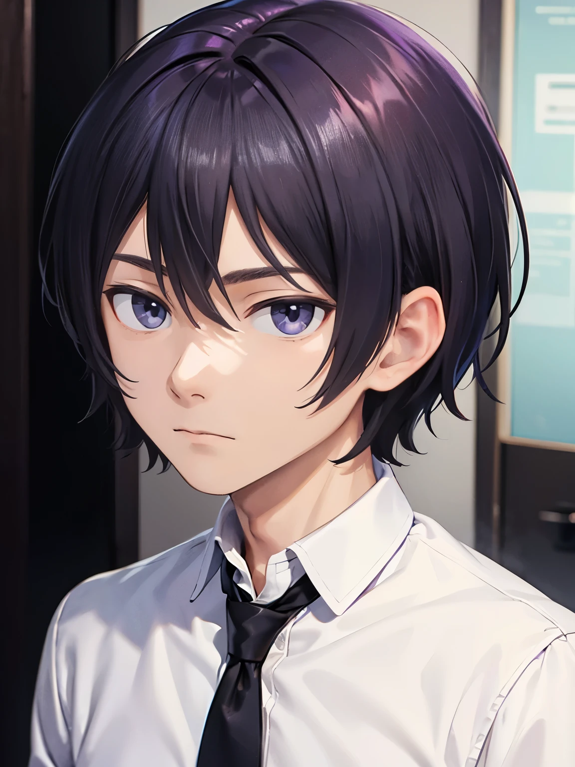 Man, guy, white shirt, black jacket, black jeans, short hair, purple hair, gray eyes, home, male, portrait, closeup, emotionless, expressionless, kuudere