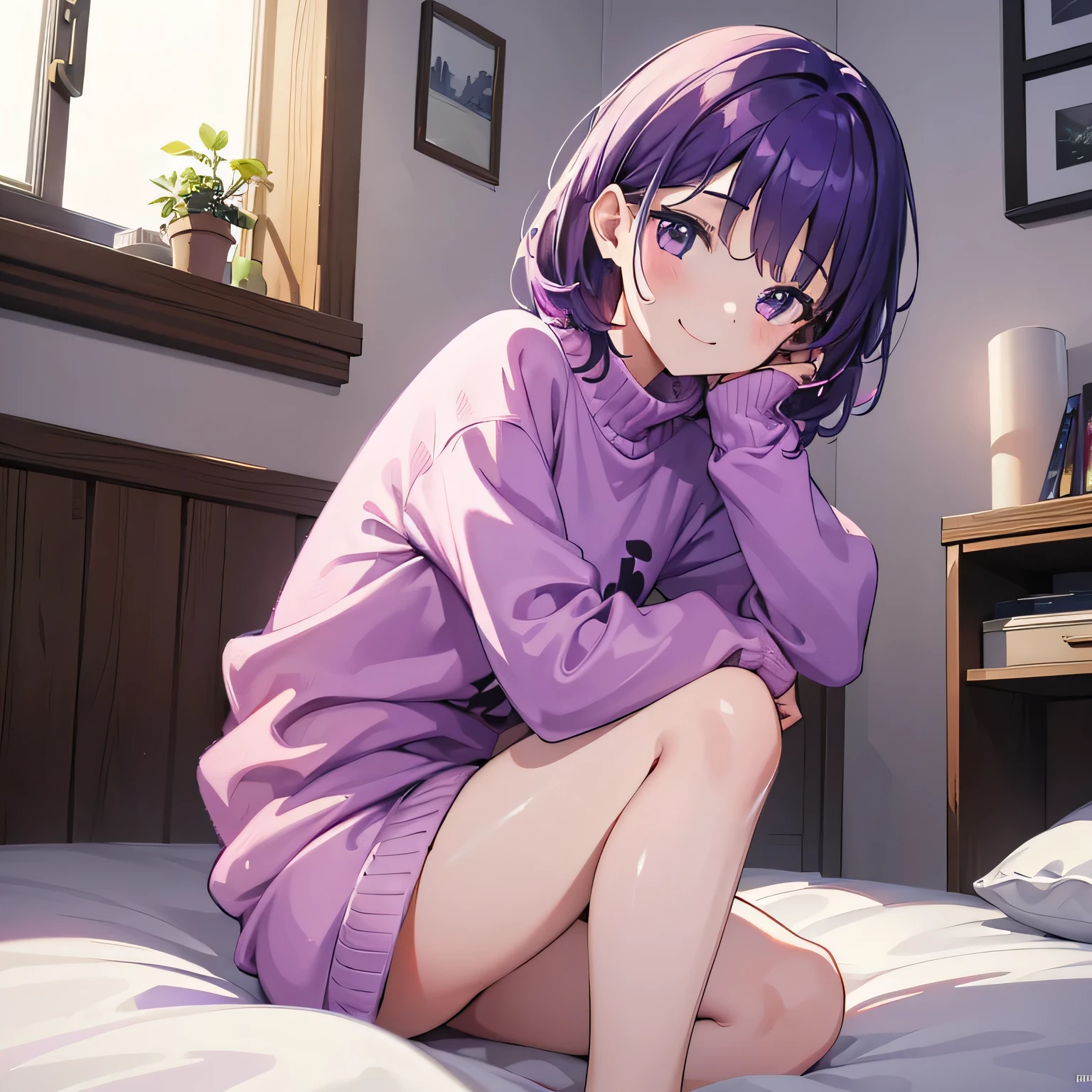 (T Masterpiece，4k wallpaper，best quality))、((girl１people))、(solo)、Shining and vivid，(purple hair)、(shortcut:1.3)、smile、Bedroom、sweater、morning