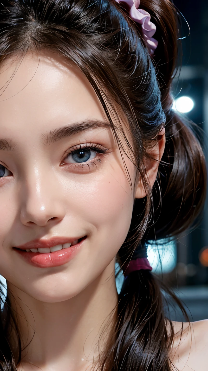 cute 20 year old,1 girl,slim face ,8K,Super realistic image quality,dynamic shadow,sparkling eyes,((clear black eyes)),((bright smile)),logic,clear pale blue eyes,movie theater lighting,((dark back alley)),((city lights)),night,Darkness of the city,suit, ((face close up:1.4)),((A smile showing white teeth)),((Open mouth and smile happily)),((Chestnut ponytail and scrunchie)),close, 8K, Raw photo, highest quality, masterpiece,realistic, photo-realistic,