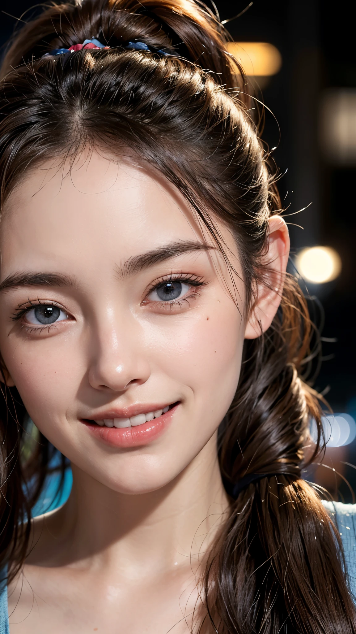 cute 20 year old,1 girl,slim face ,8K,Super realistic image quality,dynamic shadow,sparkling eyes,((clear black eyes)),((bright smile)),logic,clear pale blue eyes,movie theater lighting,((dark back alley)),((city lights)),night,Darkness of the city,suit, ((face close up:1.4)),((A smile showing white teeth)),((Open mouth and smile happily)),((Chestnut ponytail and scrunchie)),close, 8K, Raw photo, highest quality, masterpiece,realistic, photo-realistic,