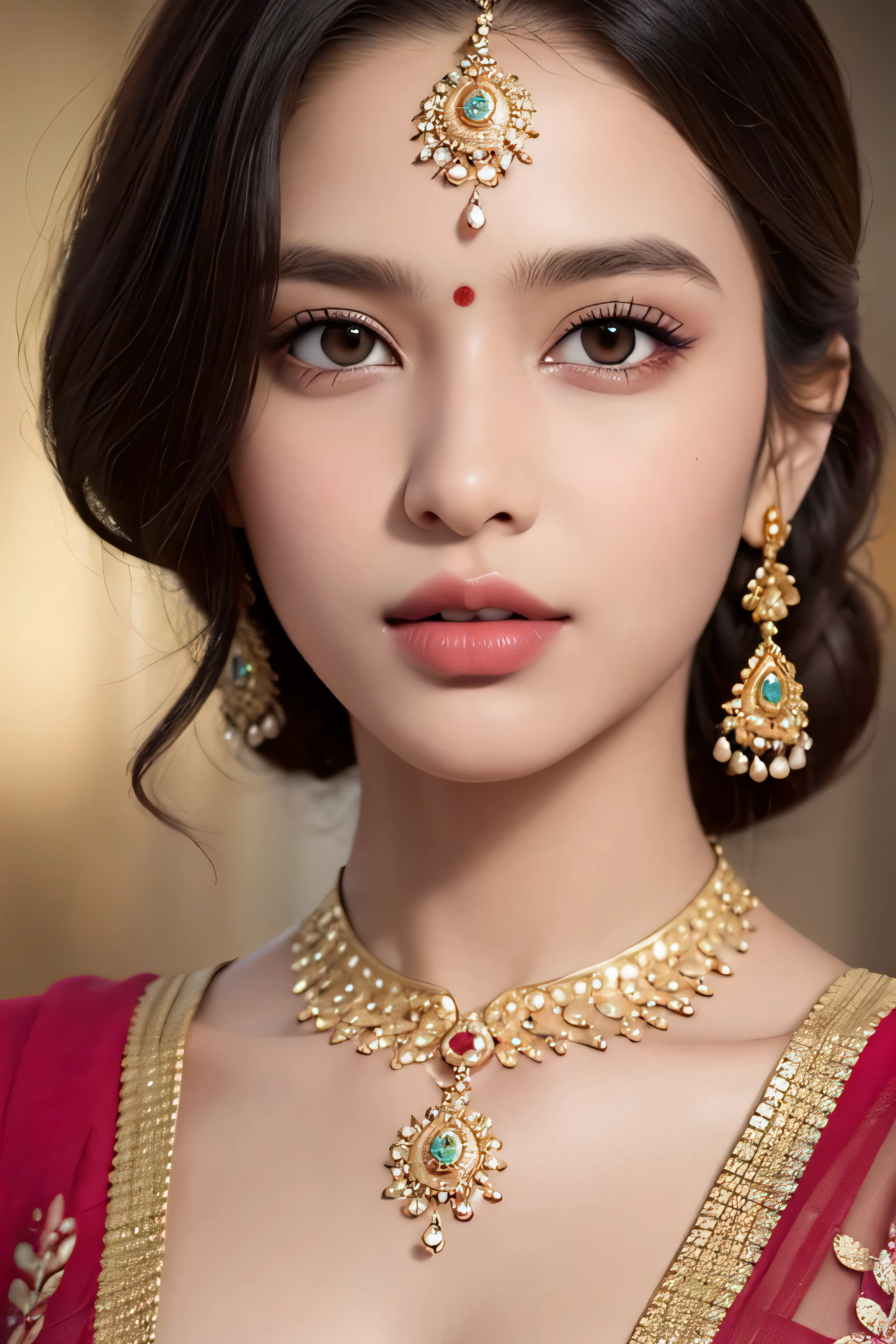 Highly detailed, High definition, 4K, 1 Indian young girl, Highly detailed face, perfect face:1.5, highly detailed eyes, perfect eyes:1.5,  highly detailed body , perfect body:1.5, fairly and glossy skin, shinning body, full body view, highly detailed lips, perfect lips:1.5, wearing golden jewelleries, wearing indian dress, highly detailed background, perfect background:1.5, hindu temples as background