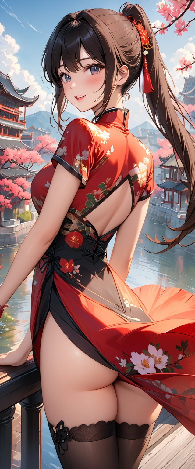 (best quality, 4k, 8k, highres, masterpiece:1.2), ultra-detailed, 1 woman, 20-year-old,city, (((Silk cheongsam))), open mouth smile((black hair)), blush, ((turn around and look back)), Reflecting the buttocks, curvaceous, very tight stockings, full body portrait, 2 long pony tails