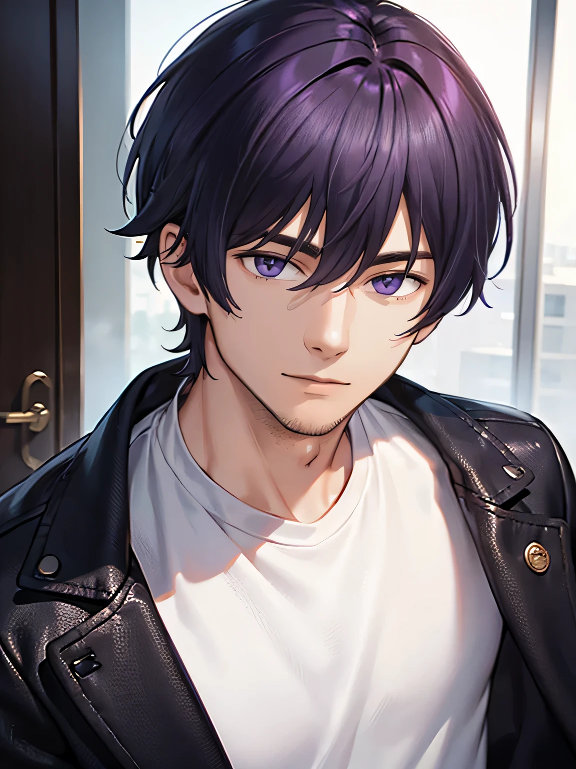 Man, guy, white shirt, black jacket, black jeans, short hair, purple hair, gray eyes, home, male, portrait, closeup