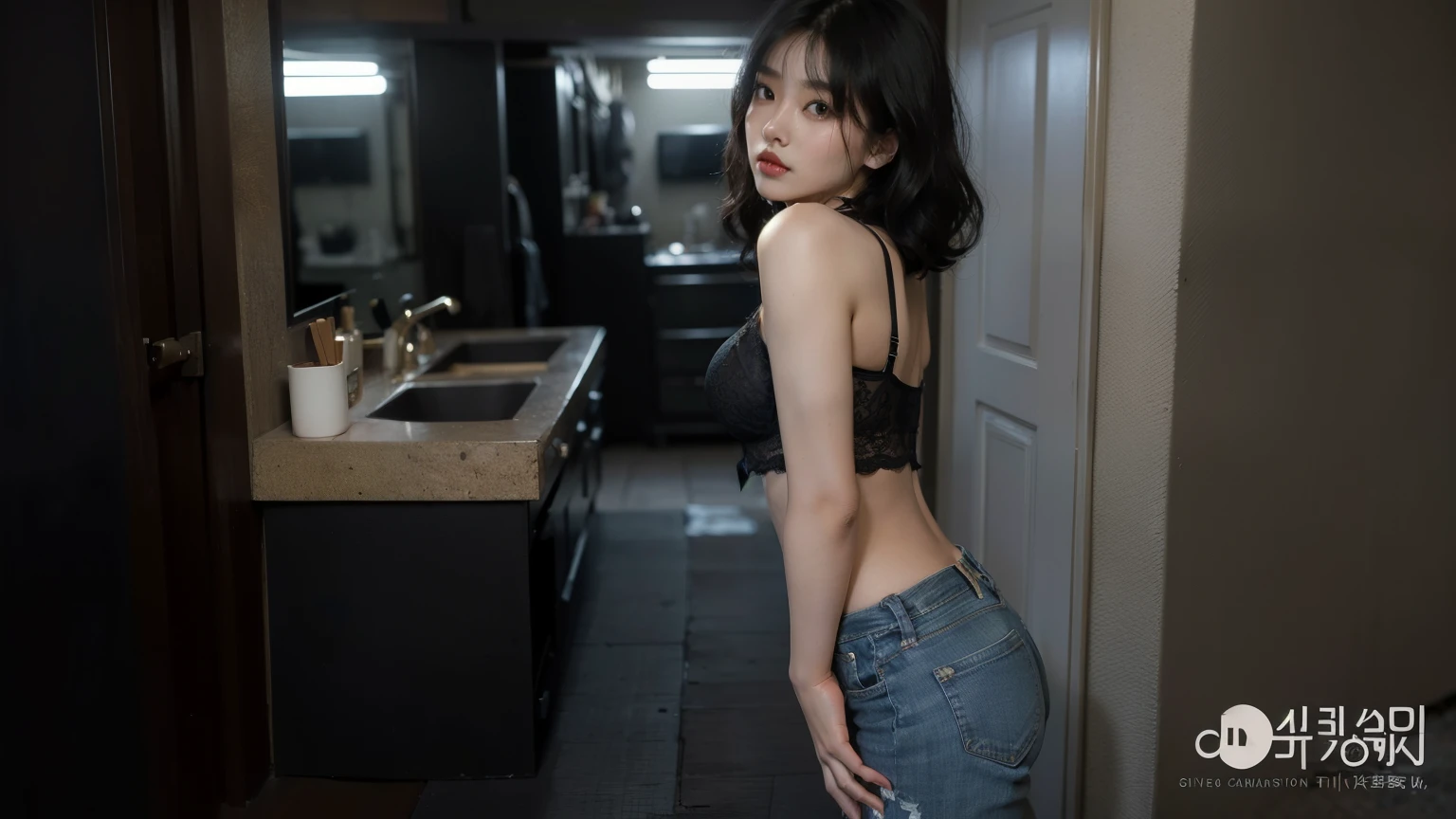 arafed asian woman in a black bra top and jeans posing for a picture, thin black lingerie, ((ripped jeans)), photo of slim girl model, ((tiny waist)), thin asian model, sultry body with  belly, 2 4 year old female model, ((huge breasts|tiny black bra)), ((massive breasts|tiny black bra)), beautiful alluring teen, model with attractive body, gorgeous young korean woman, gorgeous young model, young sensual graceful, gorgeous chinese model, ((curly bangs)), ((very dark short hair)), ((black hair in a rough shag)), wavy hair, (masterpiece:1.3), high resolution, ((sensual olive skin)), ((rich golden lighting))