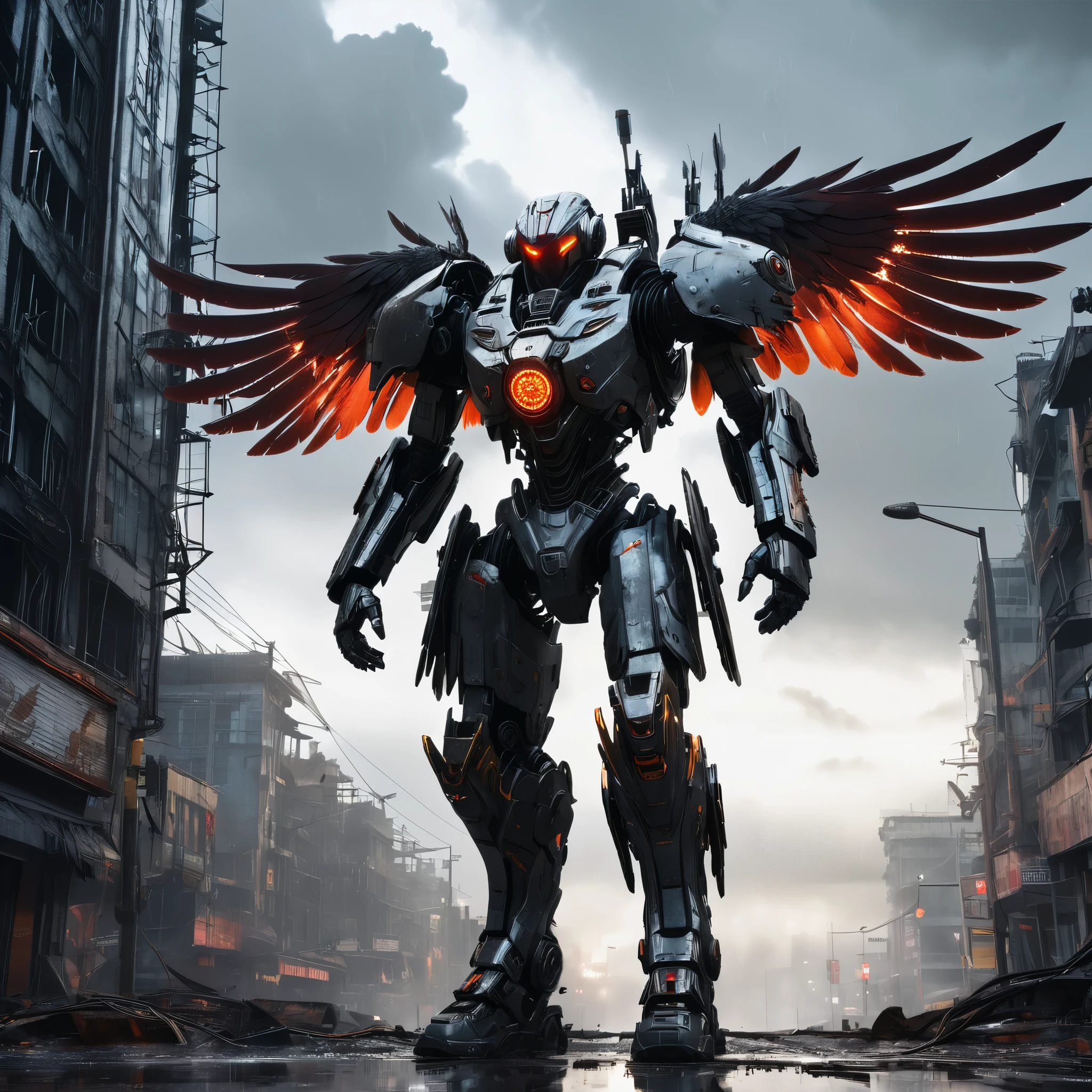 (highres:1.2),detailed battle cyborg,strides through ruined city with Crow theming,incredible attention to detail,metallic armor with intricate designs,glowing red eyes,feathers and wings on the back,sinister atmosphere,dark and desolate streets,destroyed skyscrapers in the background,mysterious fog,ominous shadows,contrast of vibrant city lights with the dystopian setting,post-apocalyptic ambiance,gritty and gritty textures,high-tech weapons and gadgets,mechanical limbs,sparks of electricity,fine reflection and shine on the armor,sharp and dramatic lighting effects,slightly desaturated color palette,expressive pose and dynamic movement,ominous clouds hanging in the sky.