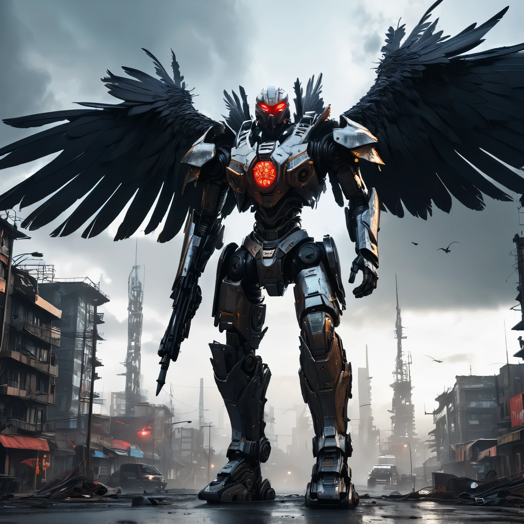 (highres:1.2),detailed battle cyborg,strides through ruined city with Crow theming,incredible attention to detail,metallic armor with intricate designs,glowing red eyes,feathers and wings on the back,sinister atmosphere,dark and desolate streets,destroyed skyscrapers in the background,mysterious fog,ominous shadows,contrast of vibrant city lights with the dystopian setting,post-apocalyptic ambiance,gritty and gritty textures,high-tech weapons and gadgets,mechanical limbs,sparks of electricity,fine reflection and shine on the armor,sharp and dramatic lighting effects,slightly desaturated color palette,expressive pose and dynamic movement,ominous clouds hanging in the sky.