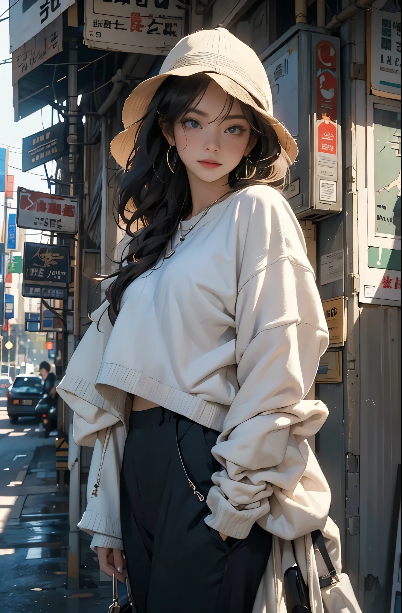 Photo of a beautiful Asian woman standing on a street corner, Perfect model body shape, Stylish pants style, Colorful brown sweater, Stylish hats, very stylish, Fashion model, main street, A woman in a hat is standing on a city street, artwork in the style of Gweiz, trending on cgstation, In the style of Los Tran, lost run 8k, Written by Li Song, Realistic anime 3d style, Written by Russell Dongjun Lu, lost run style, Trending on cgstation, Gweiz, 美しいデジタルアートワークwith influence of Jeremy Mann, Jeremy Mann, style of Jeremy Mann, Jeremy Mann painting, Jeremy Mann art, Ron Hicks, Liepke, Jeremy Mann and alphonse mucha, Works that influenced Edmund Blampid, robert lenkiewicz, Casey Baugh and James Jean, Works that influenced Willem Kalf, Nick Alm, tumbler, figurative art, intense watercolor, watercolor detailed art,Beautiful and expressive paintings, Beautiful artwork illustration, wonderful, cool beauty, masterpiece, highest quality, official art, perfect composition, perfect angle, best shot, The perfect subject, women only, sharp outline, romantic, Moody, very beautiful and detailed eyes, beautiful and delicate eyes, ideal animation, sentimental,Tokyo, Roppongi area, zoom out