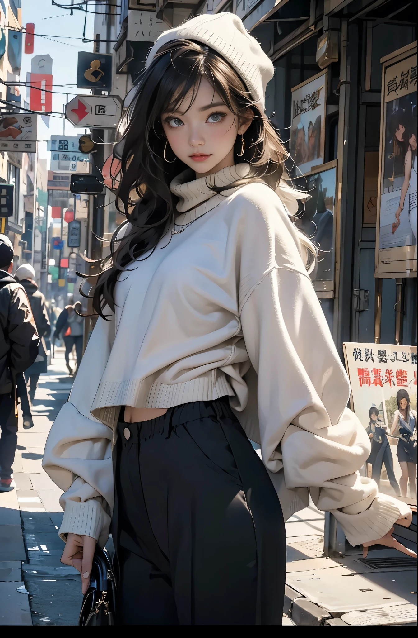 Photo of a beautiful Asian woman standing on a street corner, Perfect model body shape, Stylish pants style, Colorful brown sweater, Stylish hats, very stylish, Fashion model, main street, A woman in a hat is standing on a city street, artwork in the style of Gweiz, trending on cgstation, In the style of Los Tran, lost run 8k, Written by Li Song, Realistic anime 3d style, Written by Russell Dongjun Lu, lost run style, Trending on cgstation, Gweiz, 美しいデジタルアートワークwith influence of Jeremy Mann, Jeremy Mann, style of Jeremy Mann, Jeremy Mann painting, Jeremy Mann art, Ron Hicks, Liepke, Jeremy Mann and alphonse mucha, Works that influenced Edmund Blampid, robert lenkiewicz, Casey Baugh and James Jean, Works that influenced Willem Kalf, Nick Alm, tumbler, figurative art, intense watercolor, watercolor detailed art,Beautiful and expressive paintings, Beautiful artwork illustration, wonderful, cool beauty, masterpiece, highest quality, official art, perfect composition, perfect angle, best shot, The perfect subject, women only, sharp outline, romantic, Moody, very beautiful and detailed eyes, beautiful and delicate eyes, ideal animation, sentimental,Tokyo, Roppongi area, zoom out