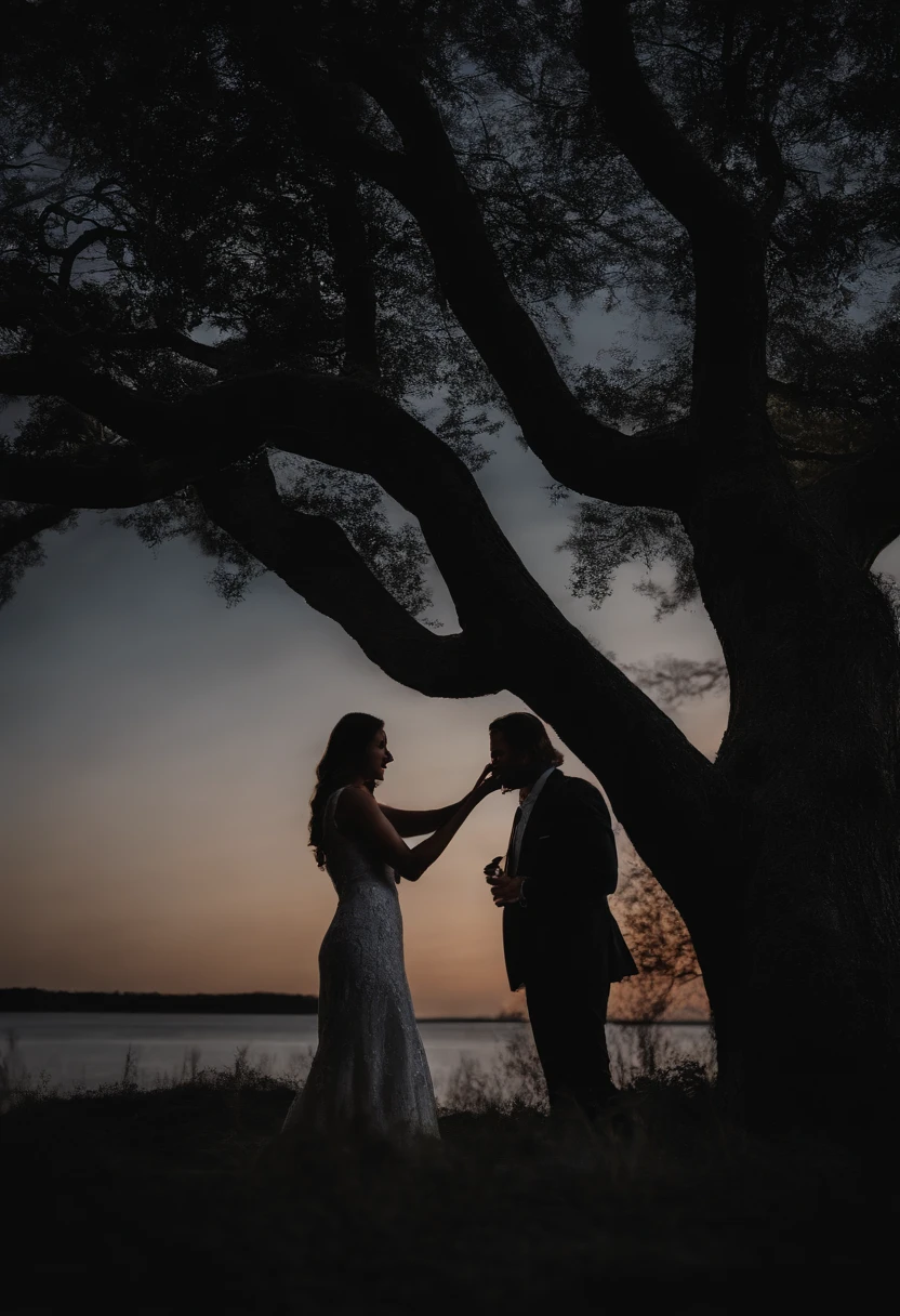 hyper realistic image of the dark silhouette of a couple kissing at moonlight , 8k resolution, cinematic lighting, raw photo, depht blur , greg rutowsky style, raw photo