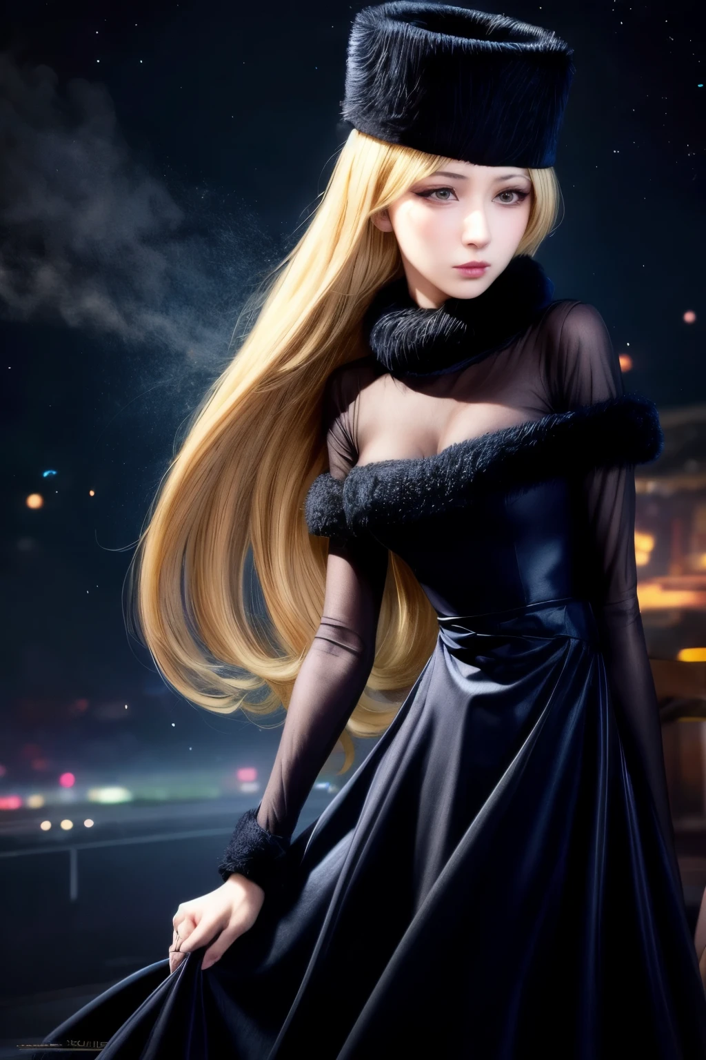 A close up of a woman in a black dress and a hat - SeaArt AI