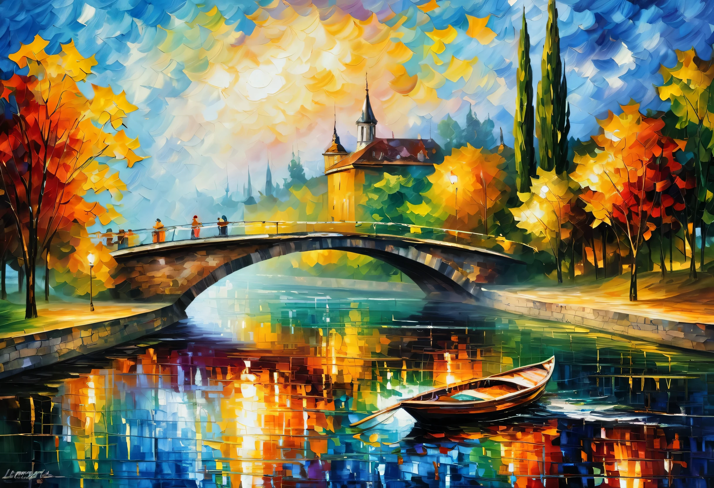 A picture of a boat floating on a river next to a bridge, Afremov leonid, style of leonid Afremov”, Afremov, Leonid Afremov, Hue in oil painting, Impressionist painting, Luminescent oil painting, Impressionist paintings, style of leonid Afremov, famous oil paintings