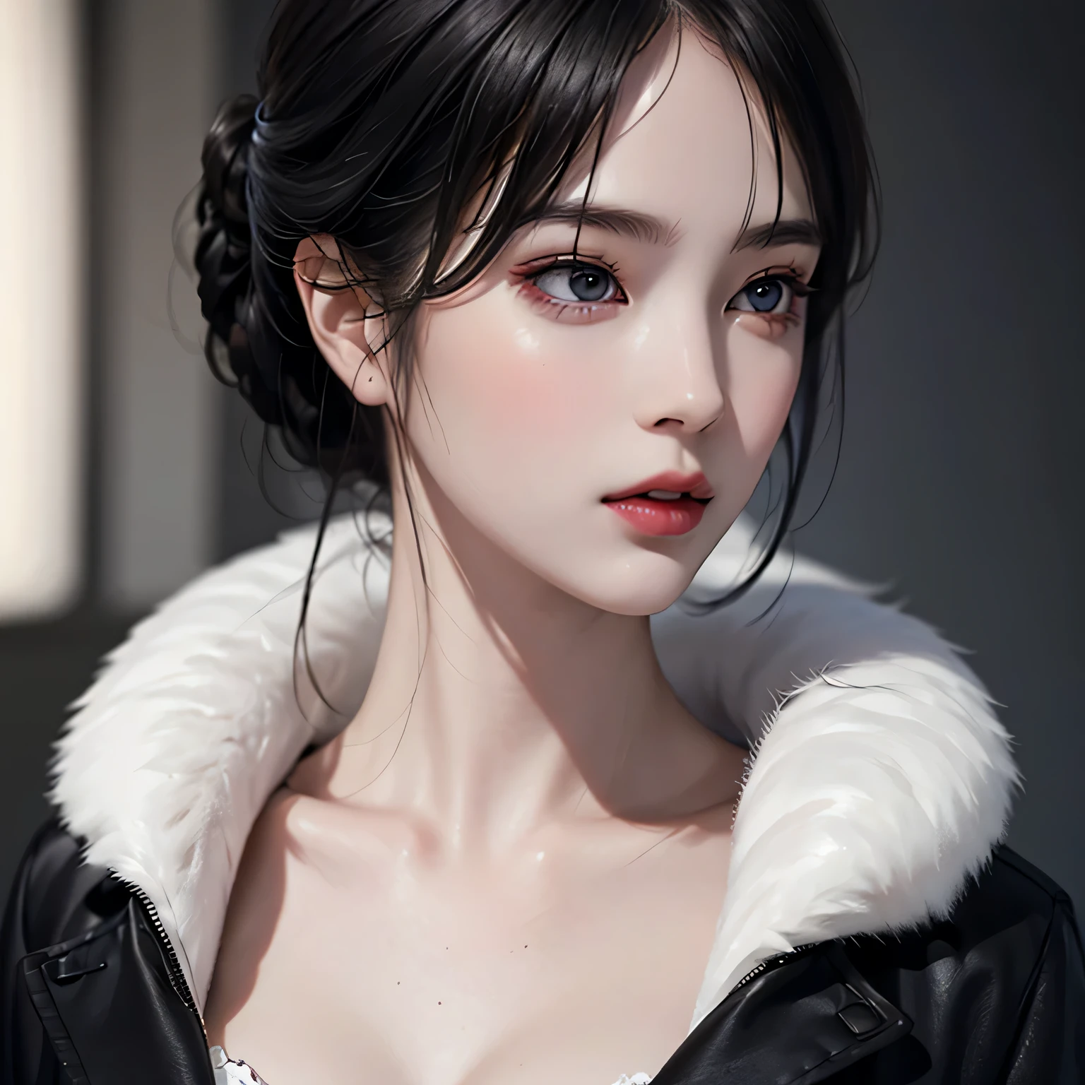 Beautiful girl with realistic black eyes, pale skin, medium length black hair, perfect face, perfect eyes, wearing a coat, very detailed, comprehensive movie, digital painting, 8K, cinematic lighting, highest quality, High resolution, Great job!, Post-processing, perfect result, surreal，(((revealing clothes)))，big breasts