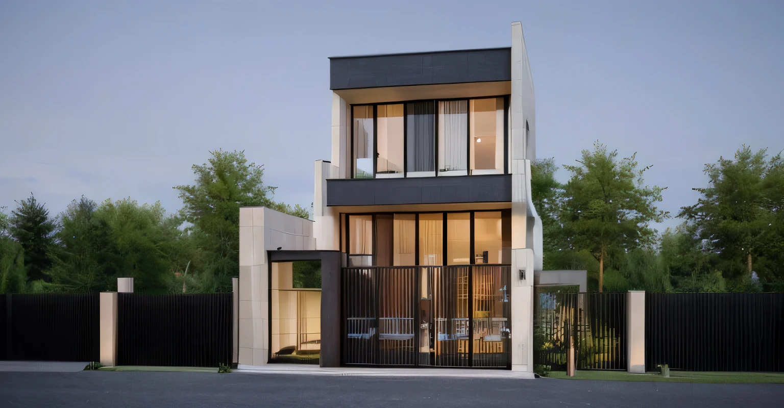 maison moderne, RENDU 3DMAX CORONA, ARBRES VERTS AUTOUR, Couleurs chaudes