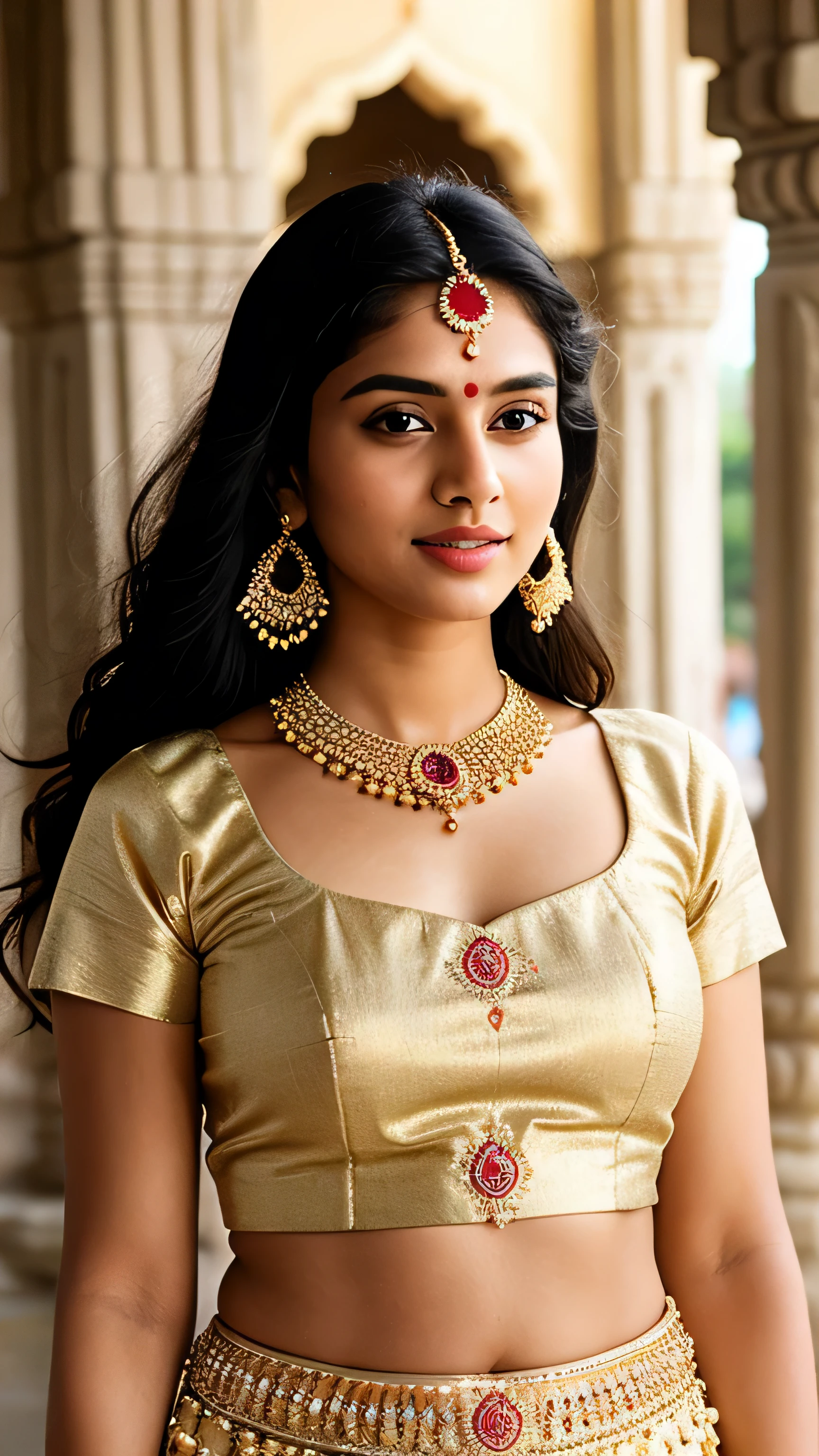 Highly detailed, High definition, 4K, 1 Indian young girl, Highly detailed face, perfect face:1.5, highly detailed eyes, perfect eyes:1.5, highly detailed body , perfect body:1.5, fairly and glossy skin, shinning body, full body view, highly detailed lips, perfect lips:1.5, wearing golden jewelleries, wearing traditional Indian dress, highly detailed background, perfect background:1.5, hindu temples as background