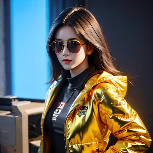 (masterpiece, best quality:1.2), 1girl, ((masterpiece, highest quality, Highest image quality, High resolution, photorealistic, Raw photo, 8K)), Retro Game, Nintendo, SEGA, Namco, Cyberpunk 1:25 miniatures,illustration,Side viewing angle,((Side viewing angle)),Wear gold wire-rimmed reflective sunglasses,Carry future weapons,very happy,Side viewing angle,whole body,three-dimensional,octane rendering,Perfect face,Collagen texture