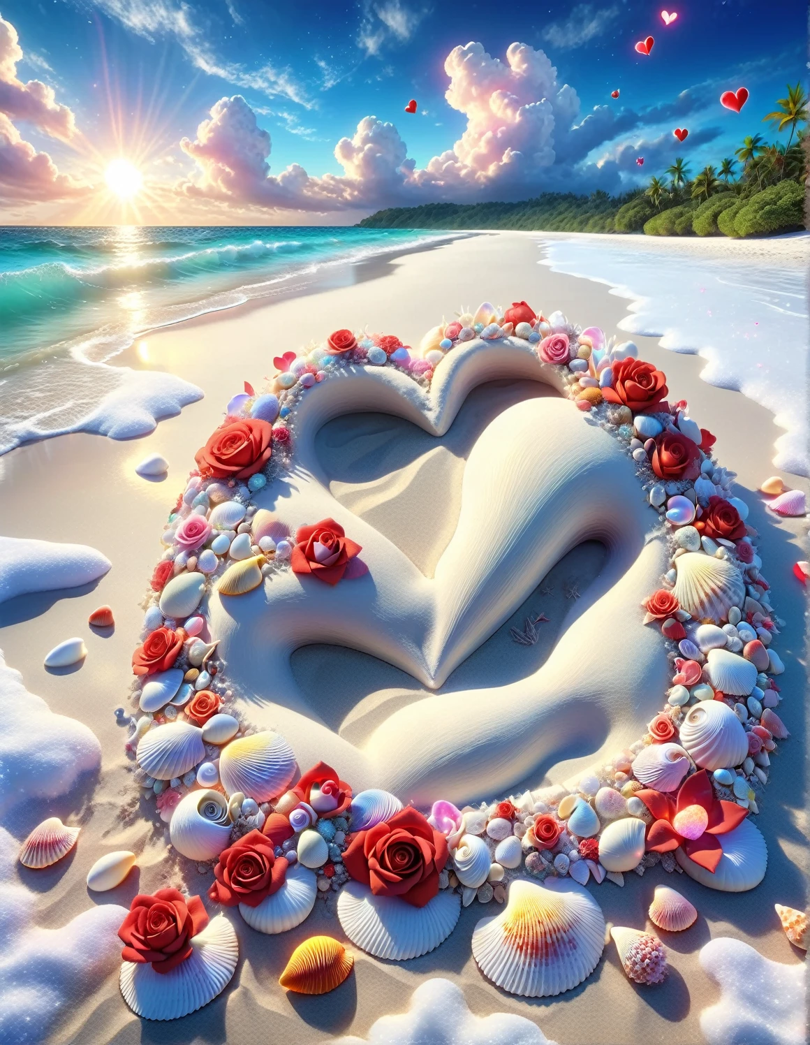  Exquisite scenes，depth of fields，8K，The ivory sky，White clouds，The sun shines on the snow-white sand。The coral sea，There are many small colorful shells on the beach，red rose，Rose flower，There is a pile of glowing heart-shaped stones