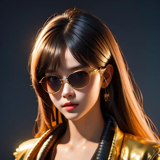 (masterpiece, best quality:1.2), 1girl, ((masterpiece, highest quality, Highest image quality, High resolution, photorealistic, Raw photo, 8K)), Retro Game, Nintendo, SEGA, Namco, Cyberpunk 1:25 miniatures，illustration，Side viewing angle，（（Side viewing angle）），Wear gold wire-rimmed reflective sunglasses，Carry future weapons，very happy，Side viewing angle，whole body，three-dimensional，octane rendering，Perfect face，Collagen texture