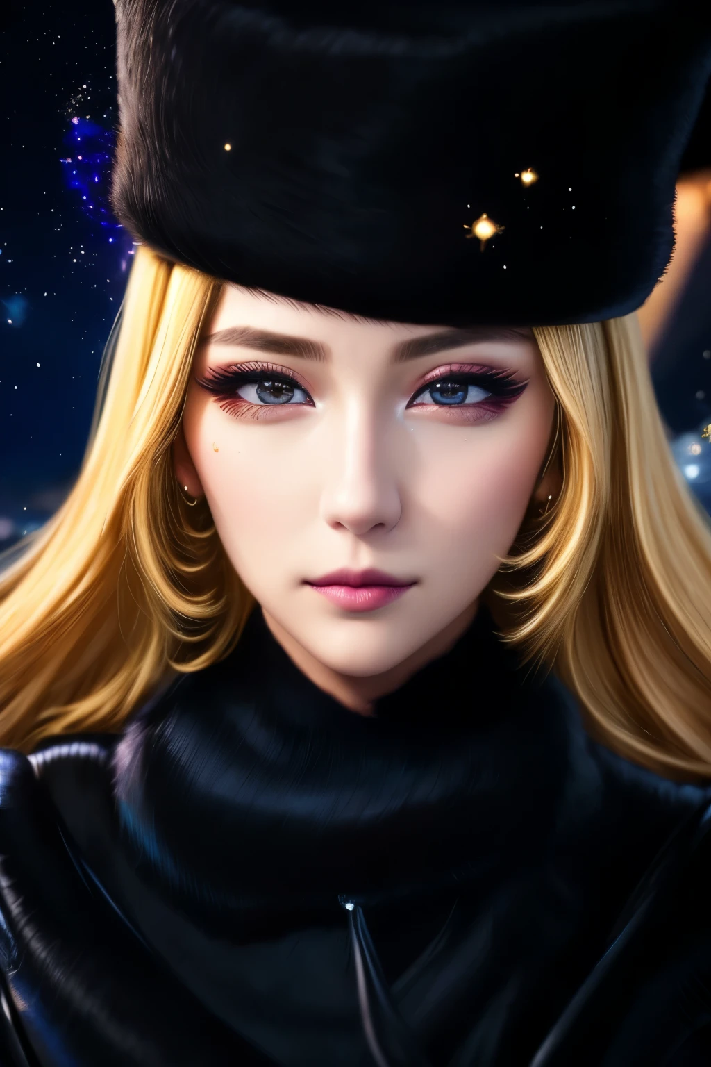 masterpiece, blonde straight, hair, care, fur trim, black hat, fur has, dress, yellow fleeting sad eyes, steam (station: 1.1), station platform, night, galaxy, 999, best quality, super fine, 16k, RAW photo, photorealistic, incredibly absurdres, extremely detailed, beautiful woman, fleeting sad expression, (angular face: 1.2), Shiny face, (Tight waist: 1.1), lip makeup, long eyelashes, galaxy, fantastic and mysterious, SF fantasy