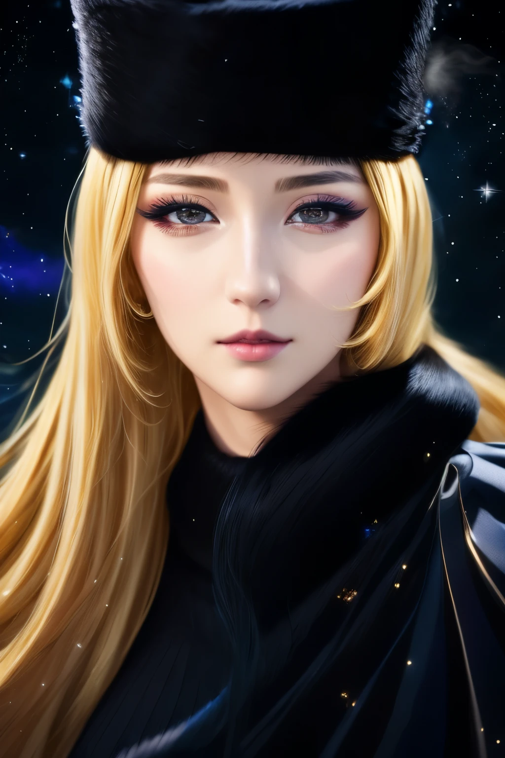 masterpiece, blonde straight, hair, care, fur trim, black hat, fur has, dress, yellow fleeting sad eyes, steam (station: 1.1), station platform, night, galaxy, 999, best quality, super fine, 16k, RAW photo, photorealistic, incredibly absurdres, extremely detailed, beautiful woman, fleeting sad expression, (angular face: 1.2), Shiny face, (Tight waist: 1.1), lip makeup, long eyelashes, galaxy, fantastic and mysterious, SF fantasy