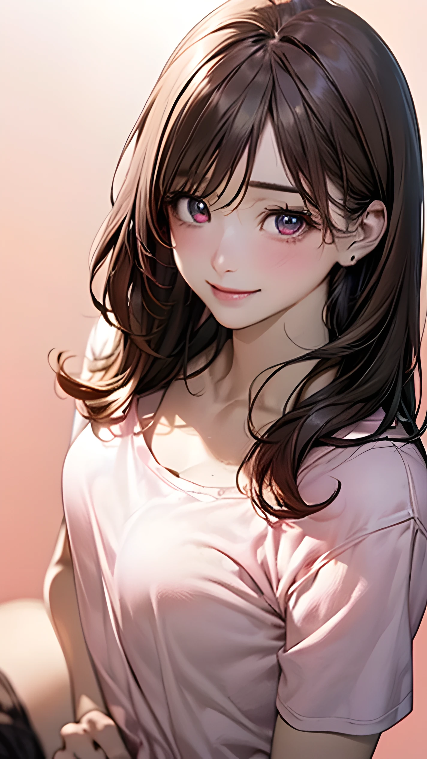 (masterpiece:1.2, highest quality), (realistic, photorealistic:1.4), beautiful illustrations, (natural side lighting, movie lighting), NSFW, looking at the viewer, (27 year old woman:1.5)、long hair、sexy、Japanese, Cute symmetrical face, shiny skin, (long hair:1.5, brown hair), shining eyes, Small eyes Long eyelashes, (medium breasts), beautiful hair, beautiful face, detailed and beautiful eyes, beautiful clavicle, beautiful body, beautiful breasts, beautiful thighs, beautiful feet, beautiful fingers, shot from the chest up, (cute smile, upper eye),(light pink background:1.5)、Ochame、(white t-shirt:1.5)