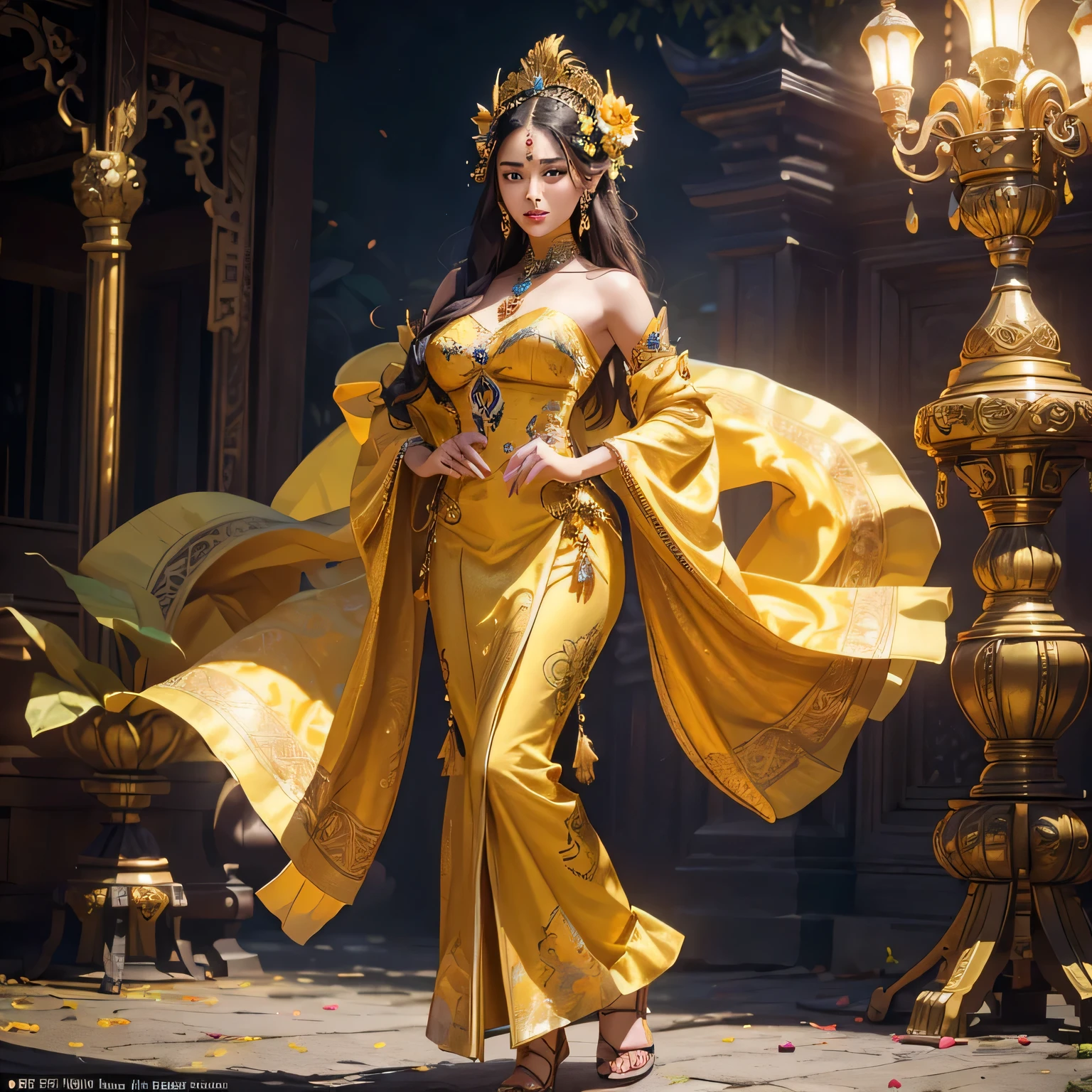 araffe woman with small breast in a yellow and black dress with a flower in her hair, traditional beauty, wearing an ornate outfit, wearing balinese ornate clothing, ornate , intricate outfit, beautiful oriental woman, beautiful balinese costume, traditional makeup, ornate attire, bali, 8k)), gorgeous woman, a beautiful fantasy empress, with beautiful exotic, ((a beautiful fantasy empress)), ornate dress, araffe woman in a yellow and black dress with a flower in her hair, traditional beauty, wearing an balinese ornate outfit, wearing balinese ornate clothing, ornate , intricate outfit, beautiful oriental woman, beautiful costume, traditional makeup, ornate attire, bali, 8k)), gorgeous woman, a beautiful fantasy empress, with beautiful exotic, ((a beautiful fantasy empress)), ornate dress masterpiece, best quality:1.2),,(8k,highres,RAW photo,realistic,photo-realistic:1.3),(detailed skin texture,detailed cloth texture,beautiful detailed face:1.25),professional lighting,photon mapping,beautiful soft light,radiosity,physically-based rendering,raytracing, model shoot style, model shoot style, (extremely detailed CG unity 8k wallpaper), (((fullbody))), photo of the most beautiful artwork in the world, baliness temple on background,
