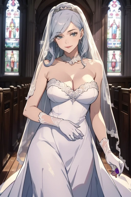 (masterpiece:1.3, highest quality, ultra high resolution, super detailed), (realistic, photorealistic:1.4), beautiful illustrations, (natural side lighting, movie lighting), Depth of the bounds written,
looking at the viewer, bust photo, 1 girl, , perfect face, (perfect anatomy), Cute symmetrical face, baby face, shiny skin, thin
(long hair:1.8, straight hair:1.2, silver hair), hair above one eye, purple eyes, pink lips, long eyelash, (big breasts:1.3),
beautiful hair, beautiful face, detailed and beautiful eyes, beautiful clavicle, beautiful body, beautiful breasts, beautiful thighs, beautiful feet, beautiful fingers,
fine cloth texture, wedding princess dress, flower head, headdress, (bandeau wedding dress:1.5), (silk dress:1.2), (strapless wedding dress:1.5),
plain white dress, necklace, earrings, cleavage, bouquet, (lace gloves:1.2), (bridal veil:1.2), (Short transparent veil:1.2),
(beautiful scenery), evening, Clear sunlight, (church, Stained glass) walk, (Smile, blush),
