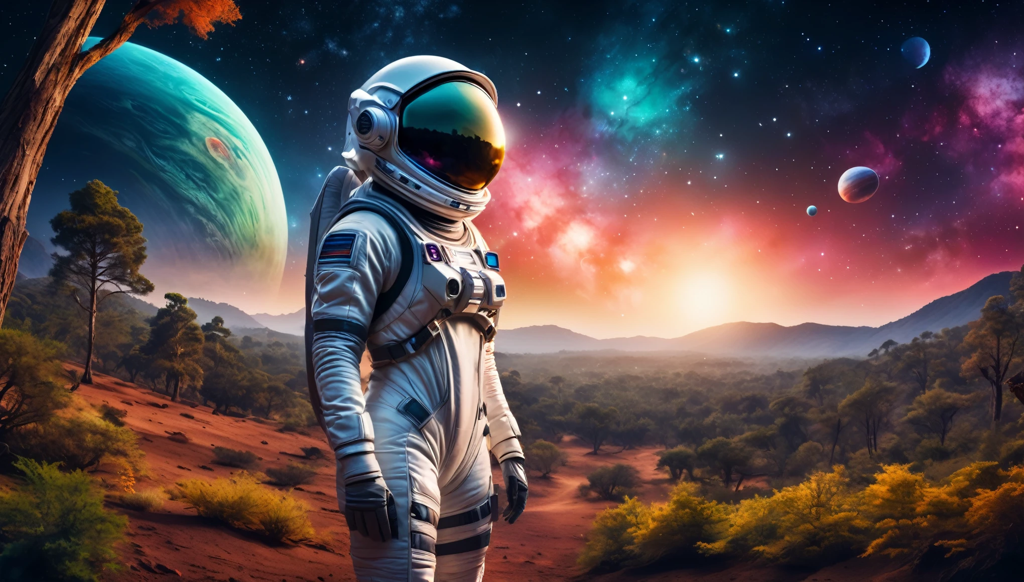 (desenho digital realista),foto realista. astronauta, roupa montada, mulher tira o capacete, is on an alien planet, background of an alien forested planet that appears habitable, estrelas, colorful galaxies, 2 luas, view in the night sky. Film grain, profundidade de campo, Dinamismo, HDR, 8k, Ultra HD