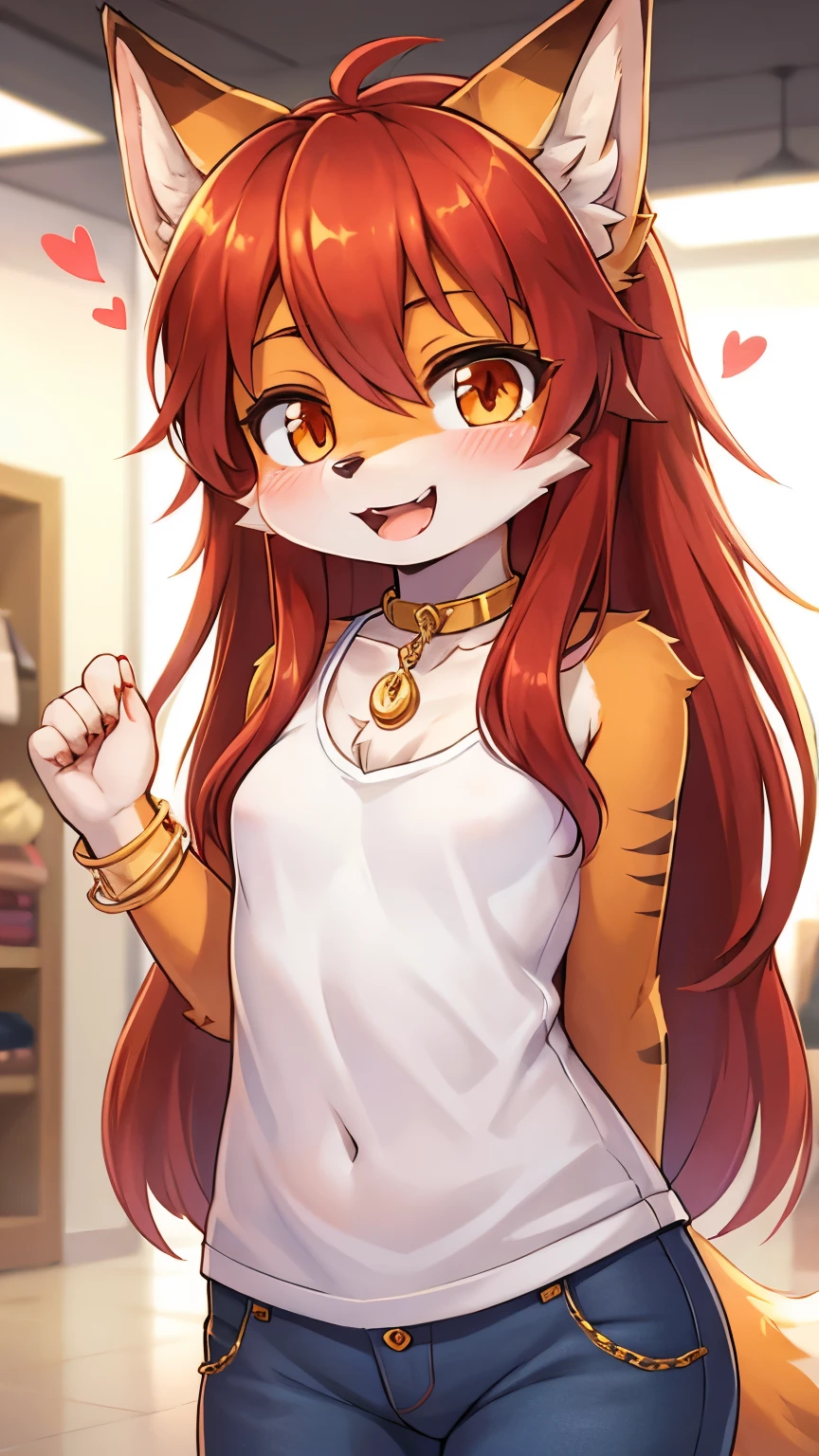 best quality,best resolution,(fluffy anthro furry :1.6),(young :1.6),fox girl,red long hair,wavy hair,small breasts,orange fur,orange eyes,glistering eyes,sparkle eyes,denim shorts with gold chain,white sleeveless shirt with flower embroidery,heart collar,gold bracelets,sunglasses on head,department store,looking at viewer,upper body only,full face blush,naughty face,smile,holding viewer arms,open mouth,heart eyes,heart expression eyes,