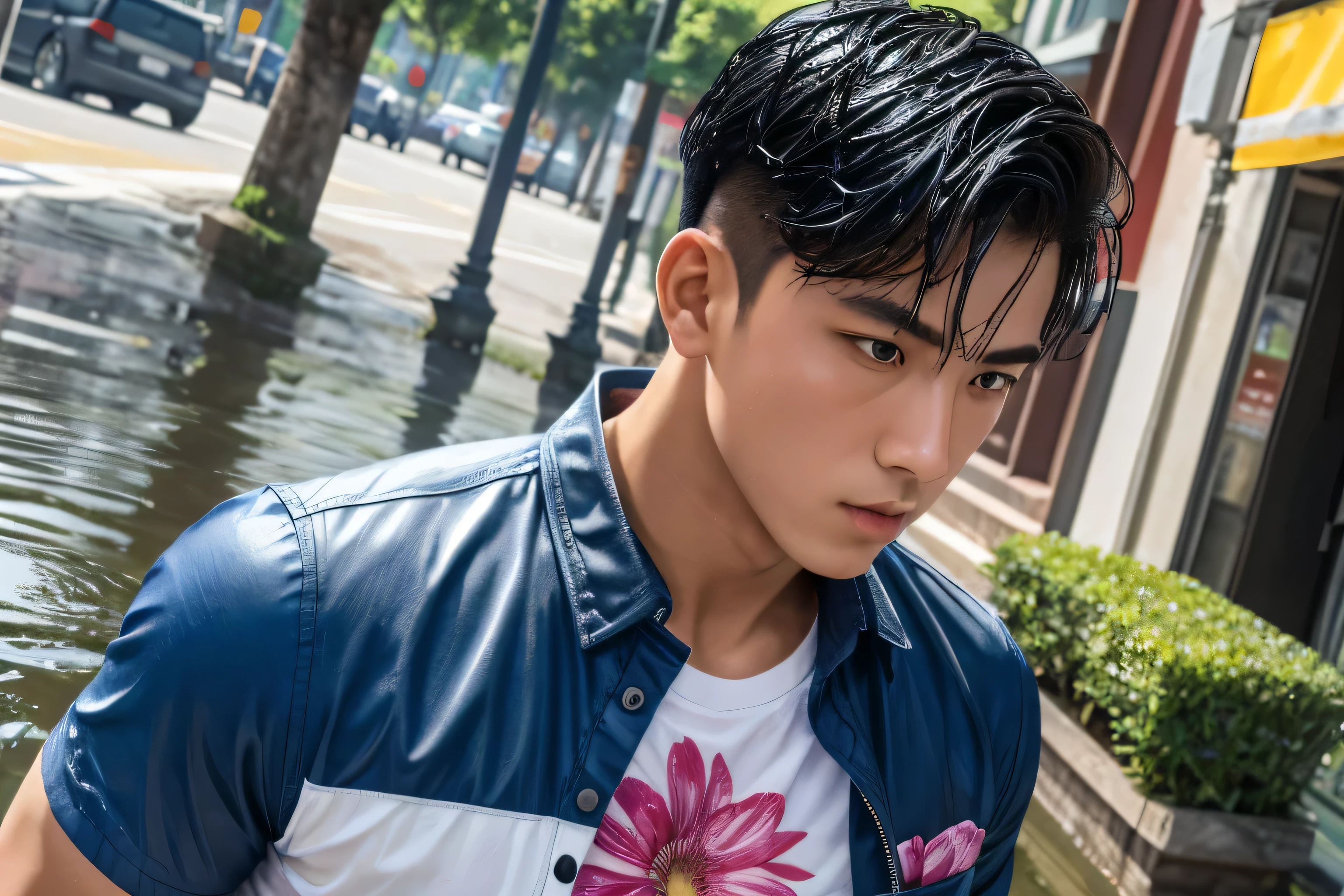 ((Masterpiece handsome 20-year-old guy, HI quality with white short sports pants in Songkran festival), (((1guy))), Zoom in face and body of a handsome Asian man with perfect body black hair wearing floral colorful shirt and short sports pants, Short Hair, black eyes, a perfect face, sports body, (Detailed:1.4), Detailed eyes and face, water splash from beside, A wet color full flowers on the shirt sticks to the body, wet Street, The road is covered with puddles and water, Deep blue sky
