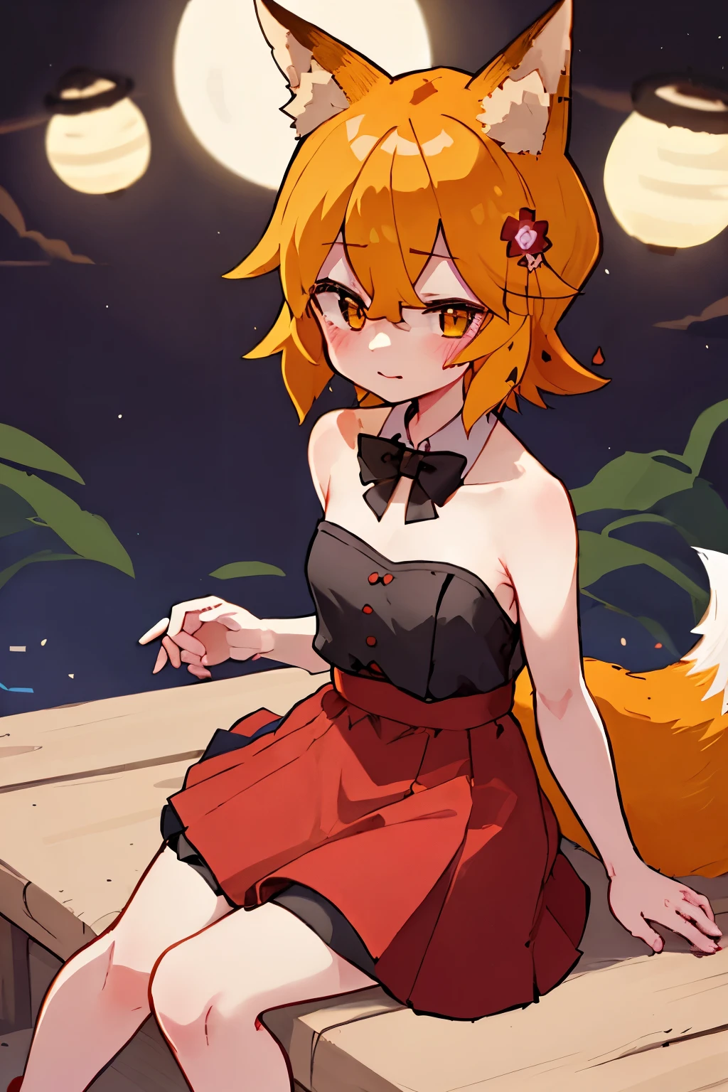 masterpiece, best quality, highly detailed, sen, animal ears, fox ears, fox girl, fox tail, hair flower, hair ornament, orange eyes, orange hair, short hair, tail, blush, looking at viewer, , girl, small breasts, detailed hands, keqing (opulent splendor) (genshin impact), official alternate costume, dress, night, strapless dress, looking at viewer, cleavage, black dress, strapless, bare shoulders, bangs, bow, detached collar, ribbon, double bun, two-tone dress, hair ornament, black bow, hair ribbon, blue dress, bowtie, sitting on bench