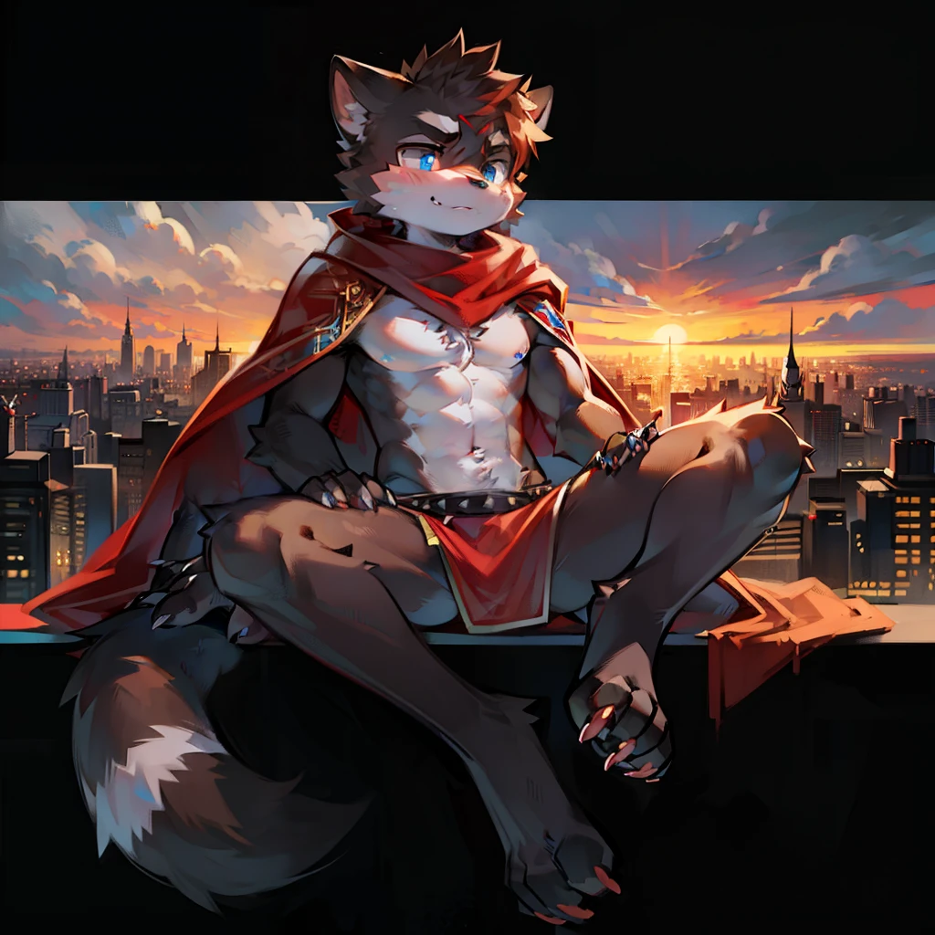 Furry, teenager, raccoon, spiked brown hair, Detailed body fur, red scarf, blue eyes, Black loincloth, red cape, red hood, masterpiece, looking away, gray body hair, Detailed face, big eyebrows, detailed eyes, Detailed body, No muscles, city skyline, Detailed hands, Flat body, Skinny, Claws have three toes, Detailed paws, no shadow, high resolution