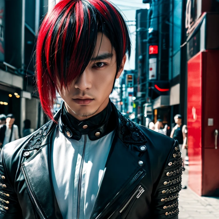1 man, Japanese man, 30 years old, hairstyle Visual Kei, hair color blonde, muscular, broad shoulders, ultra detailed face and eyes, Asian eyes, pretty face, realistic representation, outfit gothic-cyberpunk, black men's shirt and black pants