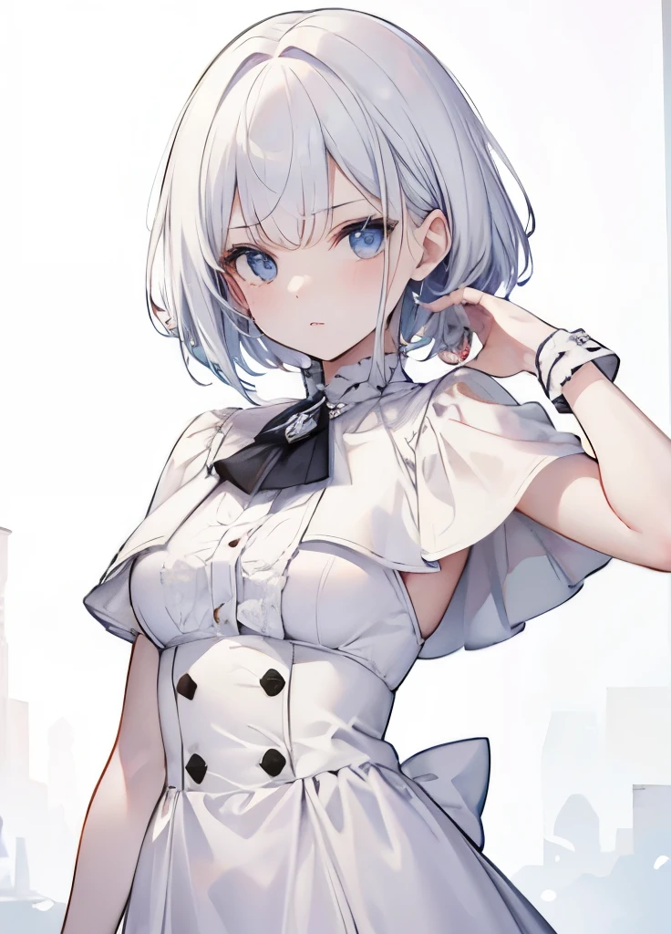 【Highest Quality, masutepiece】 [1 girl in, Manteau, expressioness, Red Eyes, front facing, White hair, Slender beauty,straight haired, Bery short hair ,Cafe Apron] (Gray white background:1.5), No smile, Does not blush cheeks,not naked,