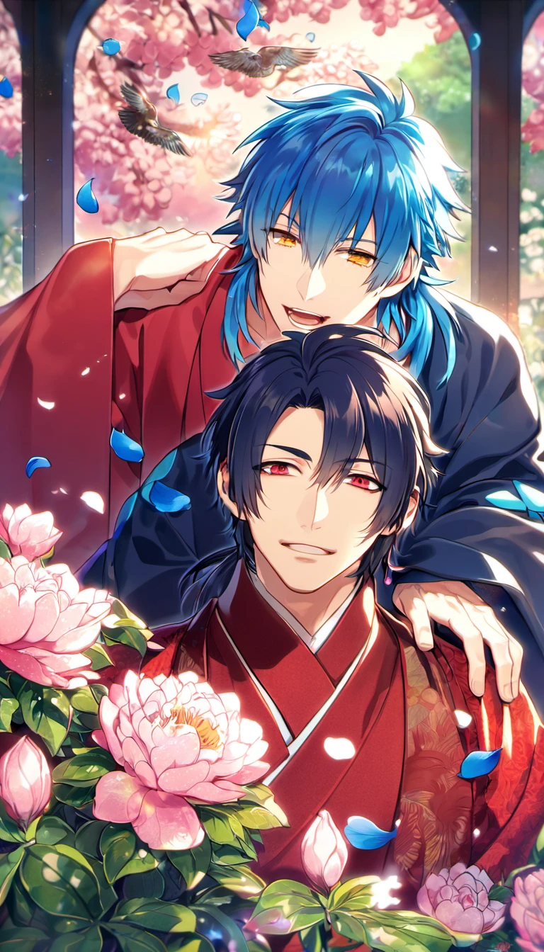 absurdres, highres, ultra detailed, HDR, masterpiece, Koujaku, dark navy hair that is short and a little chopped at the top, expressive red eyes, Dramatical Murder, Seragaki Aoba, blue hair, expressive golden eyes, 2men together, gay couple, handsome, red kimono, designed with decorations such as blue leaves, birds and blossoms, petals, garden