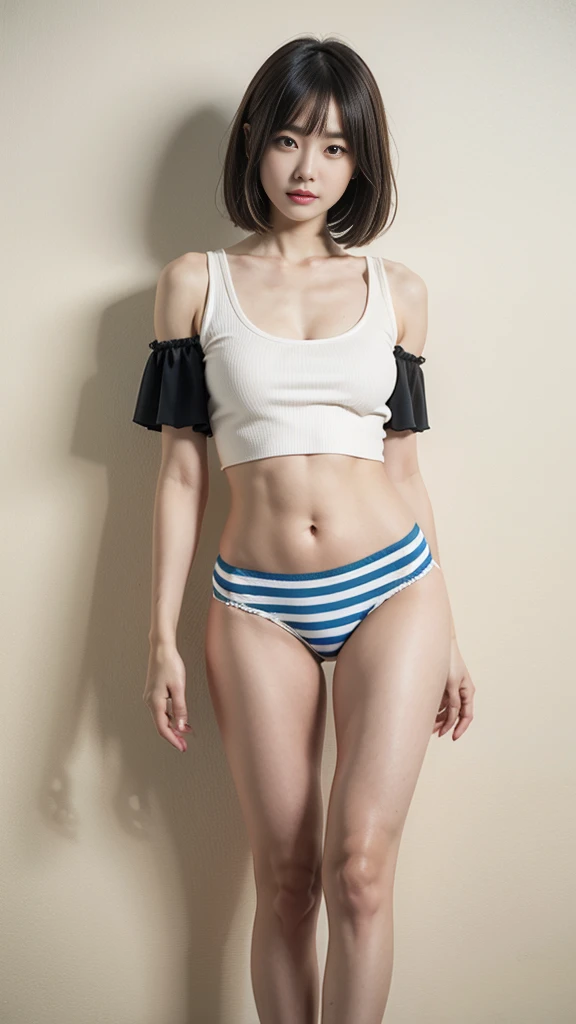 create a young image, ((blonde)), (short bob hair), straight hair, asymmetrical bangs, , , ((white crop top)), ((Blue and white striped low rise high leg panties)), cleavage, realistic, sexy long legs, perfect pussy, perfect body, masterpiece, 8K, ultra realistic, Are standing,(turn your body forward), dark room, ((dirty wall background)), the wallpaper was torn, ((Gaps between the legs, There is a large gap between the legs)) ,fun