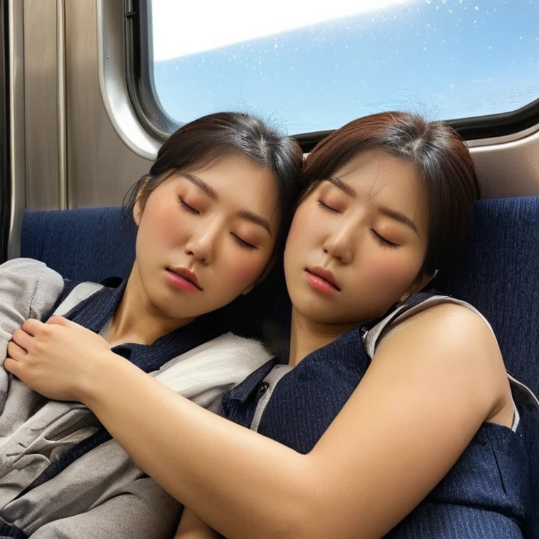 (high resolution, ultra-detailed, photorealistic), ((half body:1.4)) photo of sjang and her identical twin, leaning on each other, sleeping in a train, beautiful, amazing