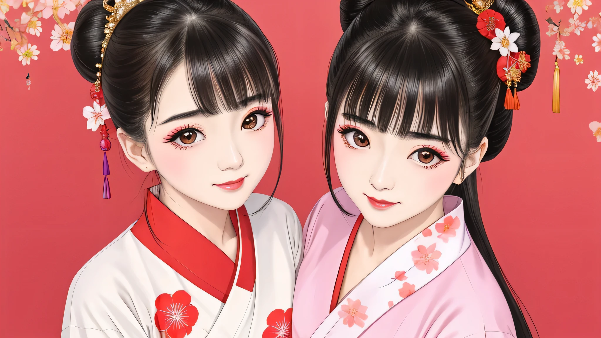 Each has a different expression2People and sisters、(2 girls)、⦅Dancing traditional performing arts gracefully)、((big breasts、small face、not exposed))、highest quality、masterpiece、(black hair、Bun Hair)、brown eyes、⦅wide angle、Angle from above, from the waist up、Pause on the magazine cover、Each person has a different perspective when looking into the distance⦆、(8K high quality、masterpiece、High resolution、Realistic and beautiful light and shadow、(highest quality)、(high resolution)、(very delicate and beautiful)、(beautiful 8k face)、(Close your eyes while smiling、Beautiful eyes)、(Transparent skin)、(soft hair)、(8head and body)、(Japanese-style yukata kimono with red, pink, and orange floral patterns on a white background, mixed with gold powder、Five beautiful Japanese girls wearing yukata)、((tanabata decoration background))、((small face))、(arms up)、thin and small nose、(red lipstick)、(make cheeks red)、(Glossy skin)、((Ink painting style))、extremely thin eyebrows、Overall super high quality、(She wears maiko-style makeup)、Whitening、long and beautiful eyelashes、Glossy skin、(red cheeks),straight nose、masterpiece、highest quality、whole body、 eyebrows visible through hair、Bun Hair、grin、gal、Kogal、Viewer's perspective、Plaid、Fashionable、woman、fine、Pause、
Waiting to start