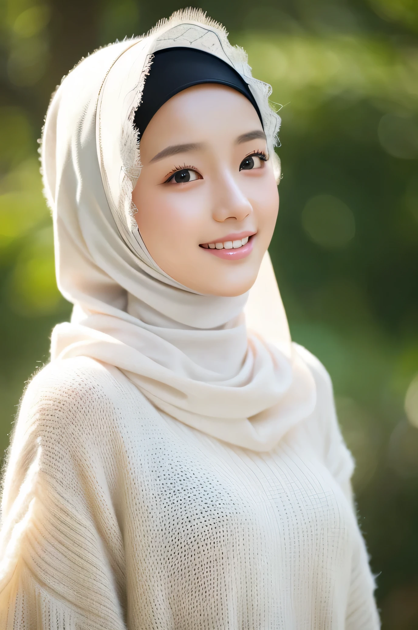 1 girl、Top、close up、laughter、、(8K、real photo、best quality、masterpiece: 1.2)、(actual、actual photo: 1.37)、Beautiful and delicate face、Japanese student、Wearing a long white sweater、wearing a stylish hijab, ((girl muslim)), (((Best image quality))), small, smooth skin, (beautiful hair), (Perfect ???????), (actual), (Dynamic angle), Seductive pose, Perfect Appearance, Sensual, best quality, High resolution, cat fur long fluffy、Forest background、